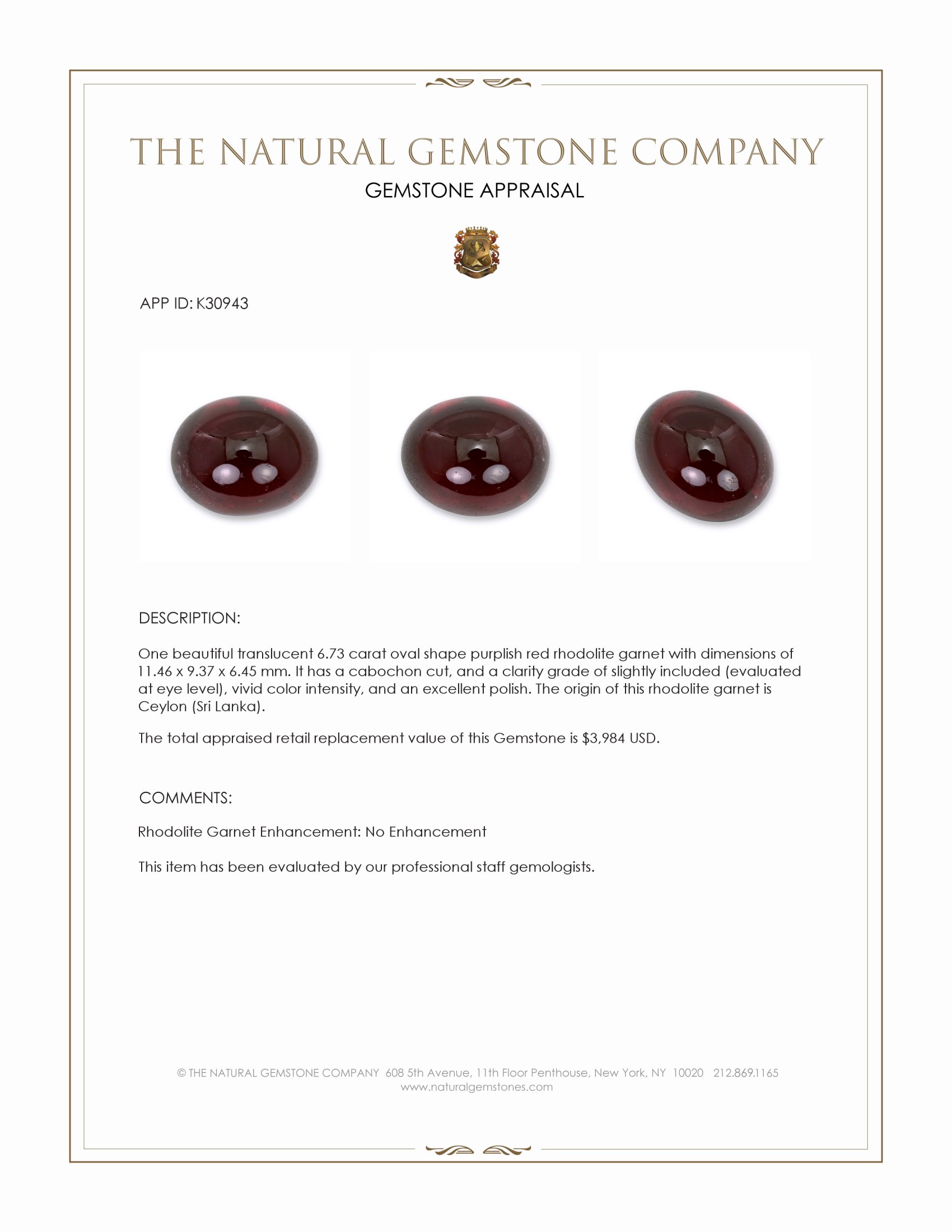 6.73 Ct. Purplish Red Cabochon Rhodolite Garnet from Ceylon (Sri Lanka)
