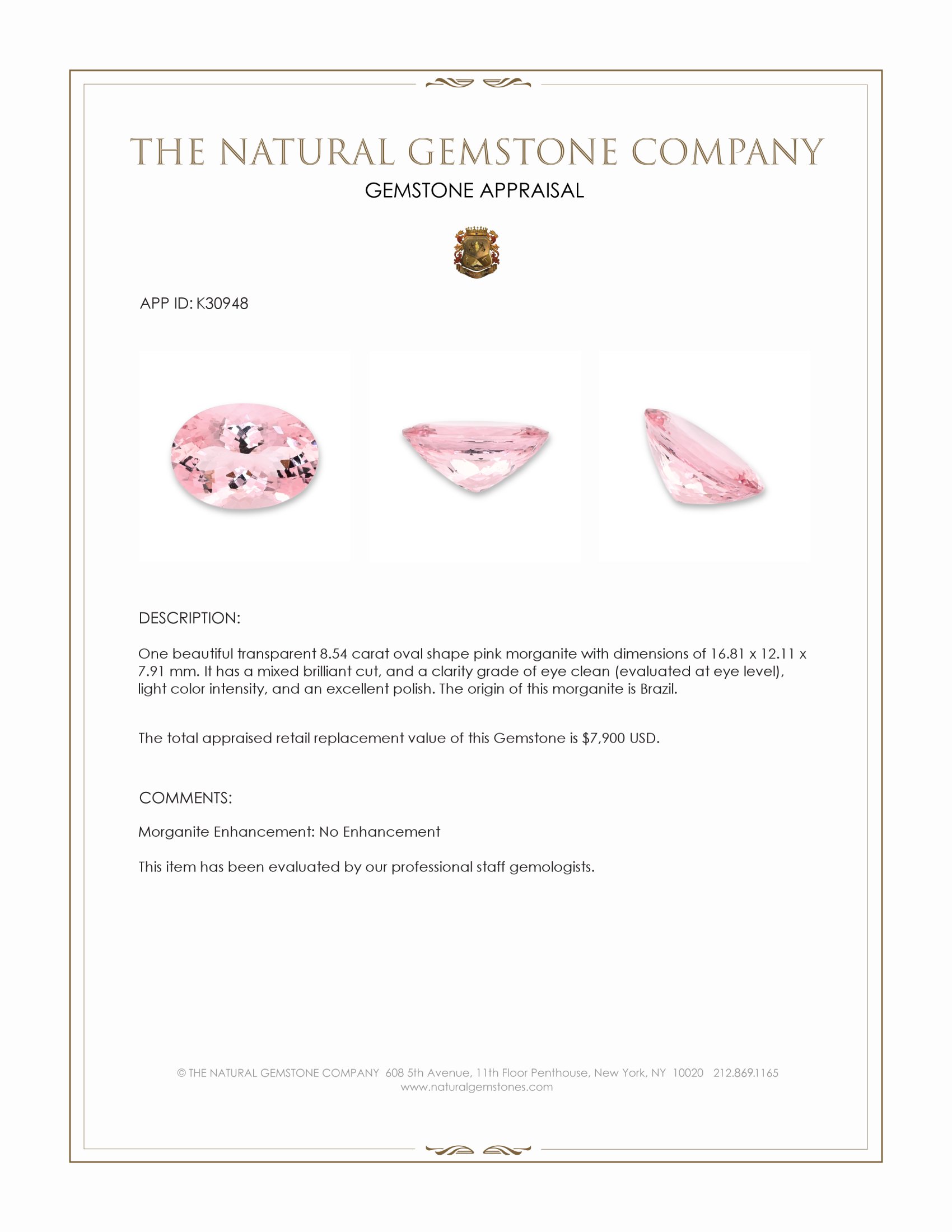 8.54 Ct. Pink Morganite from Brazil