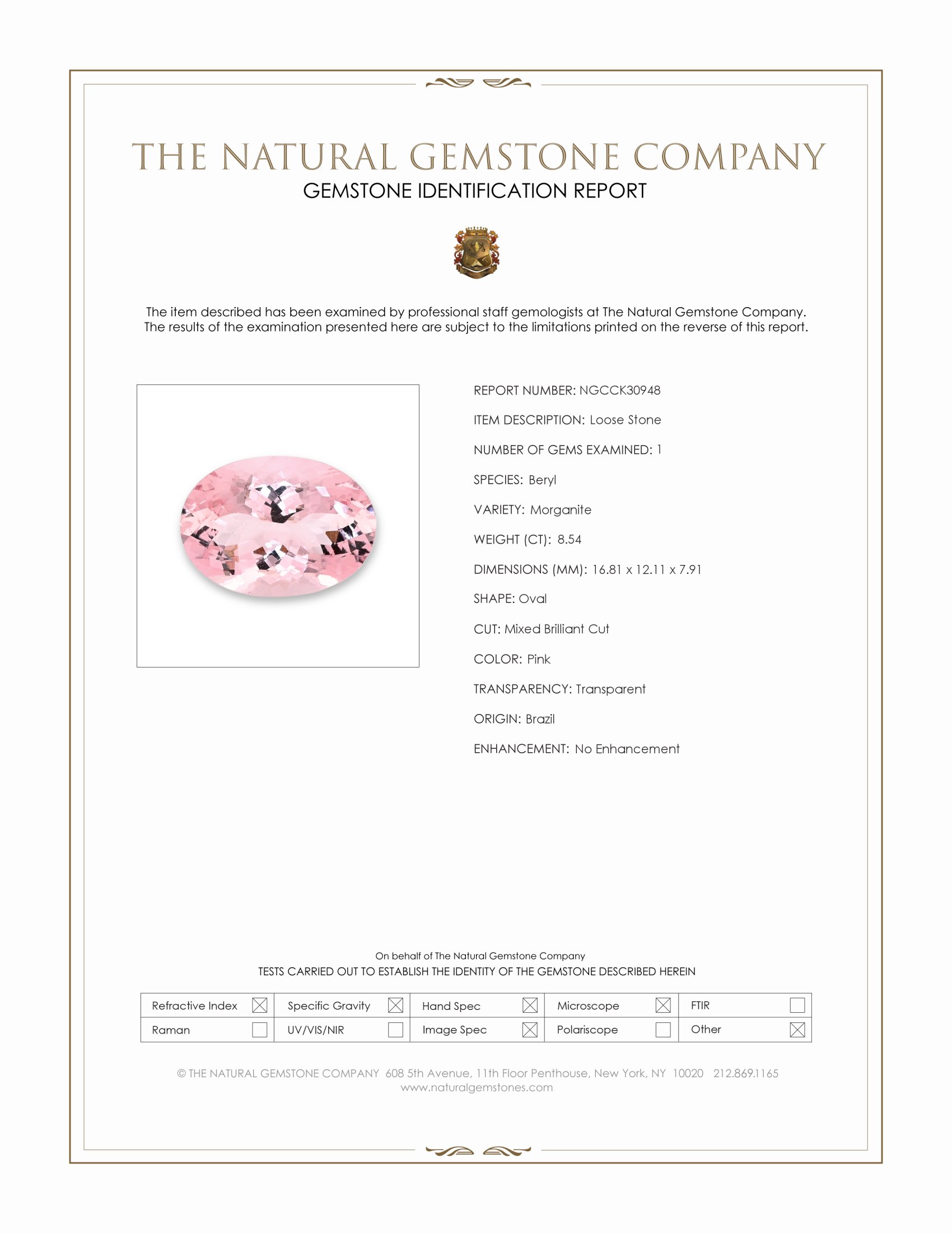 8.54 Ct. Pink Morganite from Brazil