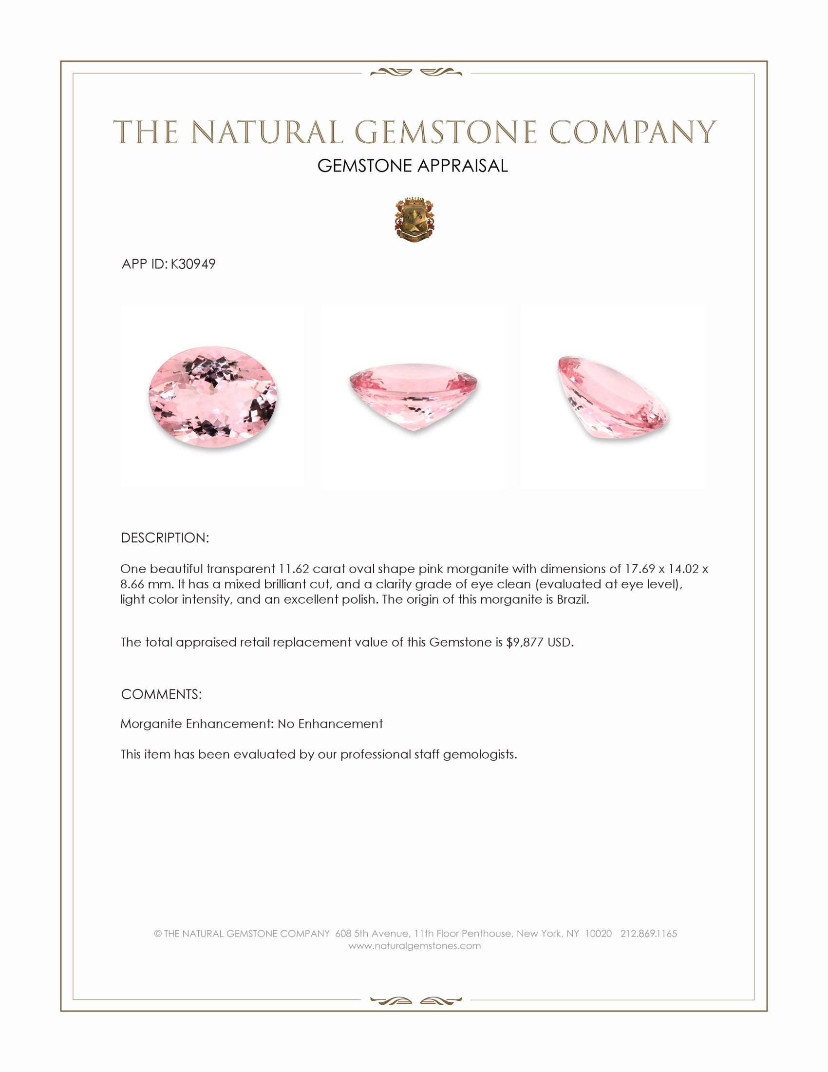 11.62 Ct. Pink Morganite from Brazil