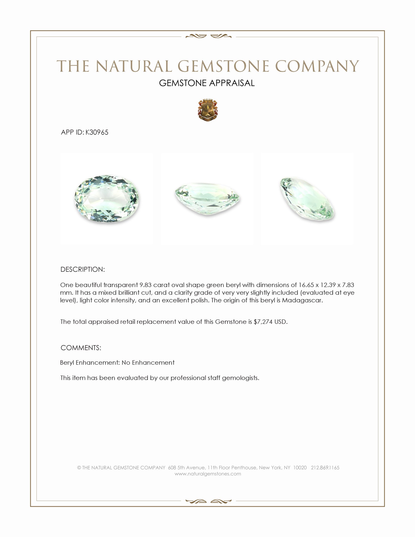 9.83 Ct. Green Beryl from Madagascar