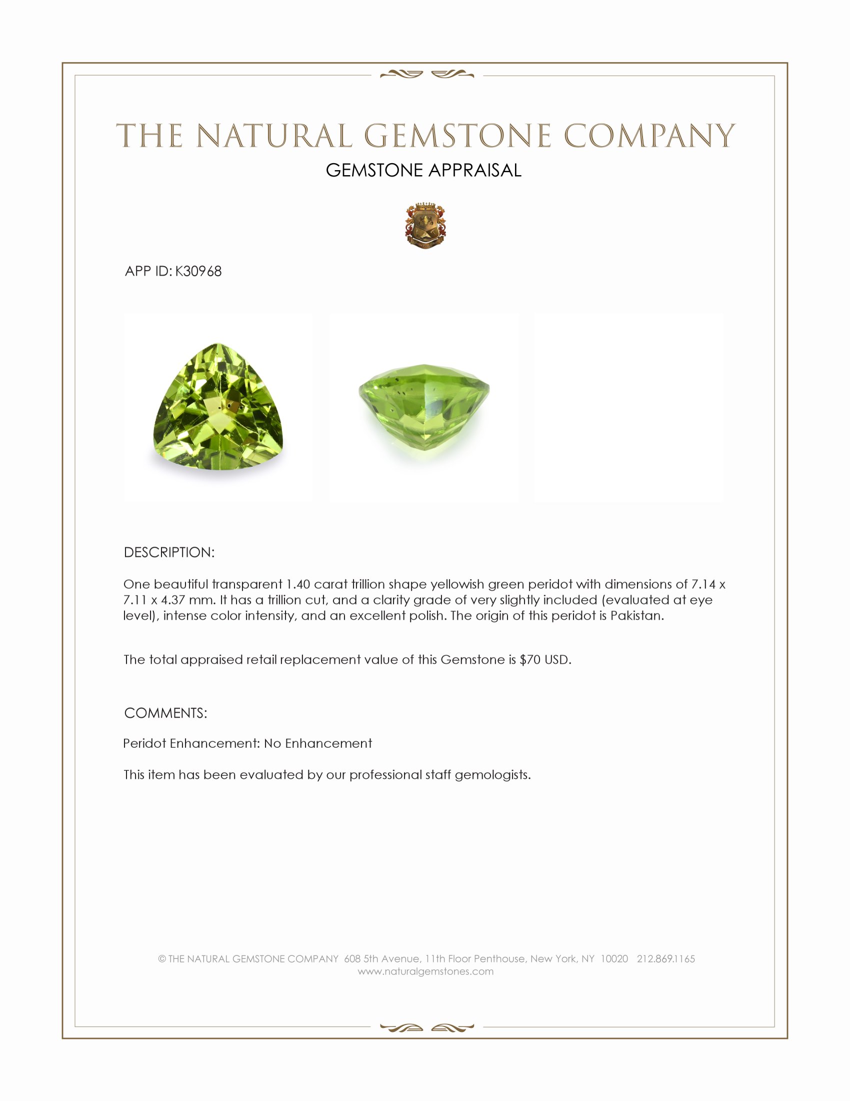 1.40 Ct. Yellowish Green Peridot from Pakistan
