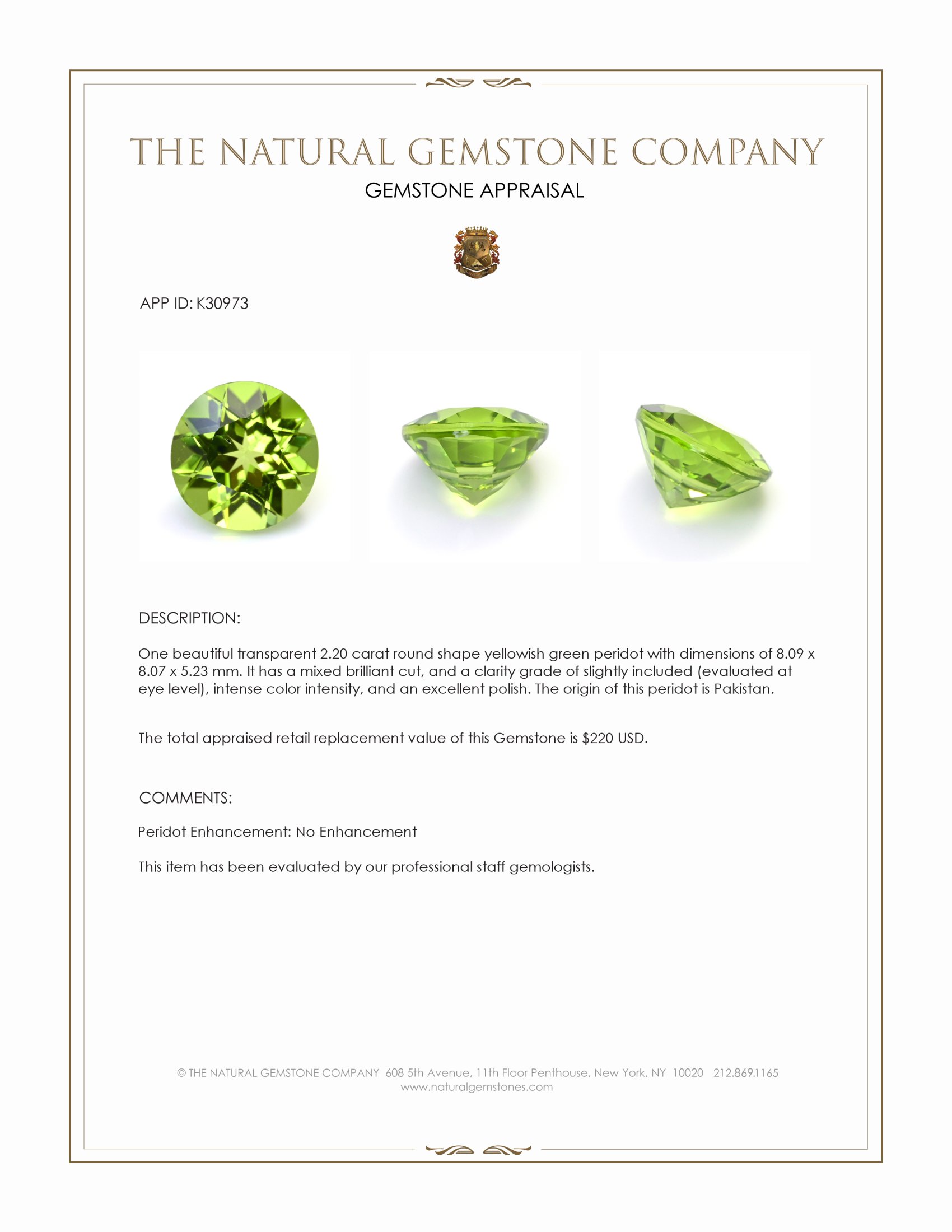 2.20 Ct. Yellowish Green Peridot from Pakistan