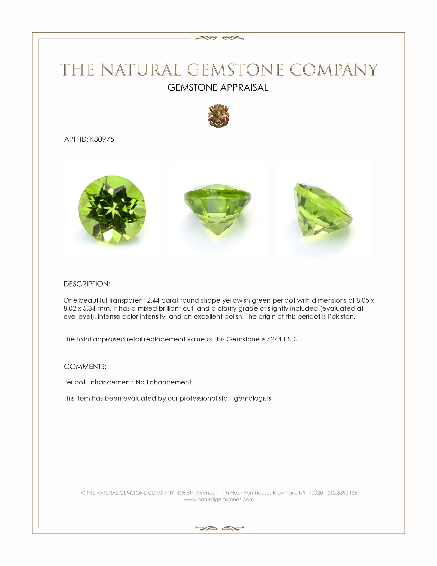 2.44 Ct. Yellowish Green Peridot from Pakistan