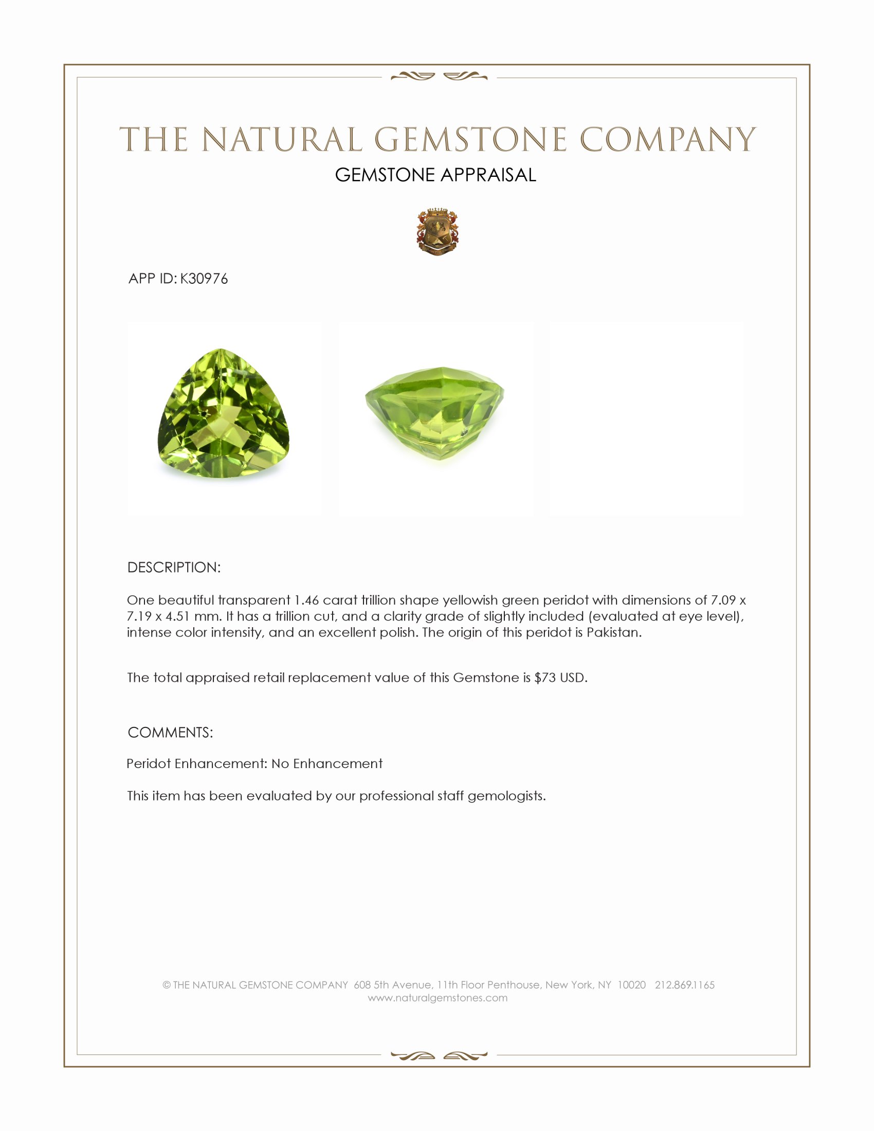 1.46 Ct. Yellowish Green Peridot from Pakistan
