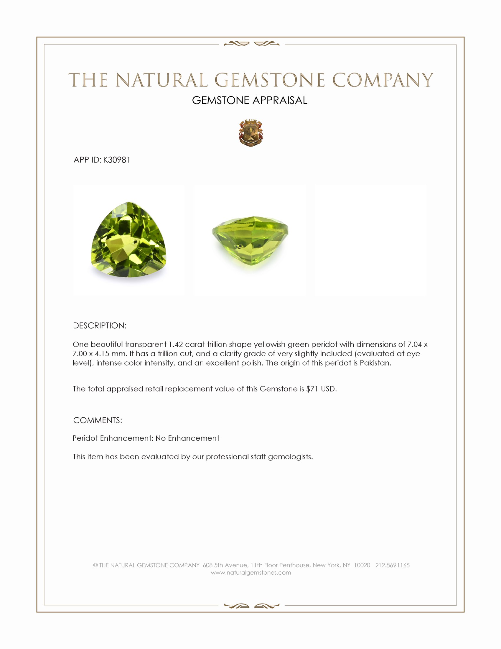 1.42 Ct. Yellowish Green Peridot from Pakistan