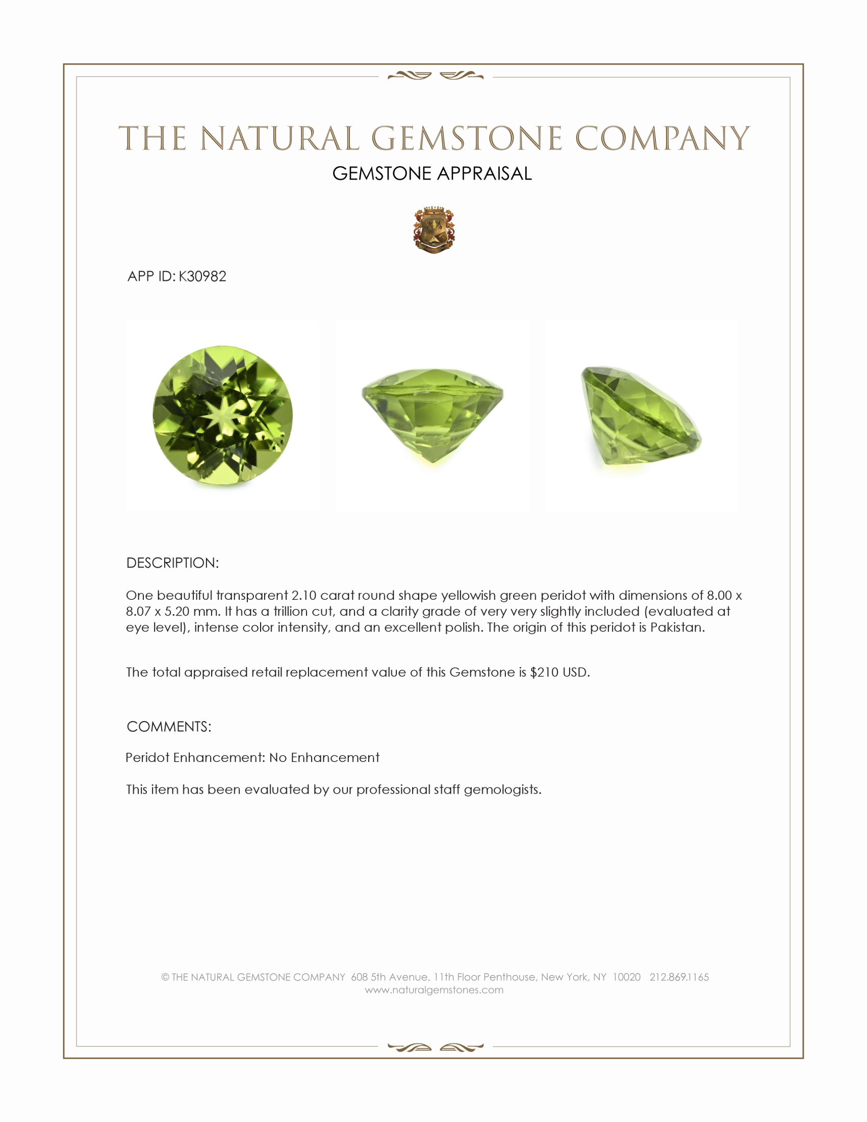 2.10 Ct. Yellowish Green Peridot from Pakistan