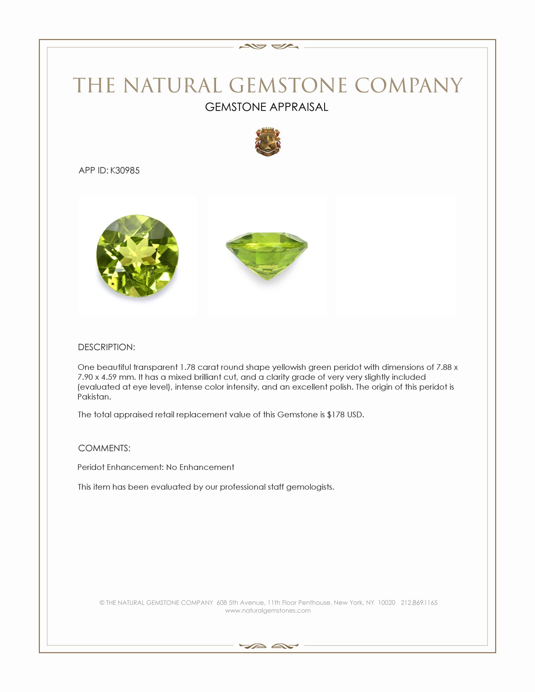 1.78 Ct. Yellowish Green Peridot from Pakistan