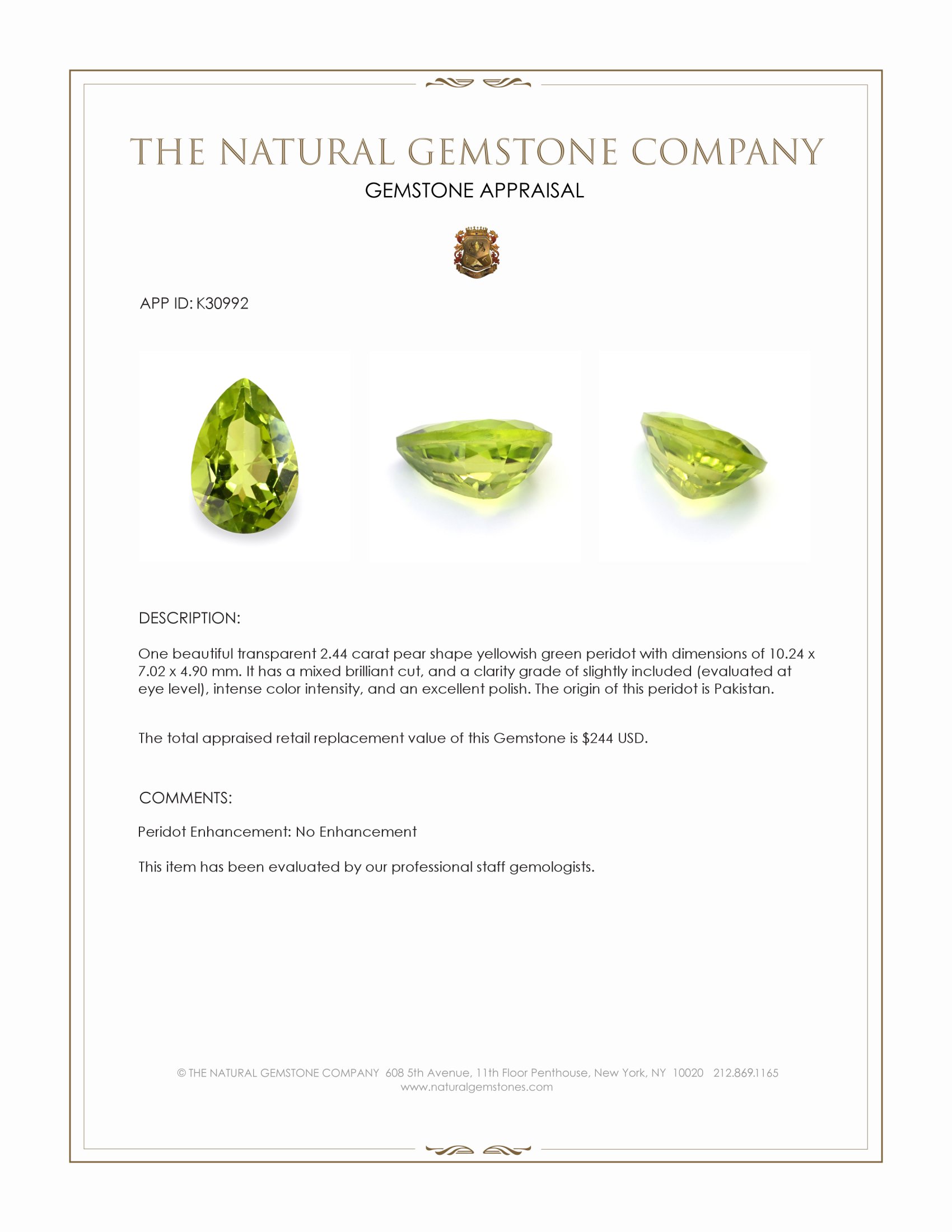 2.44 Ct. Yellowish Green Peridot from Pakistan
