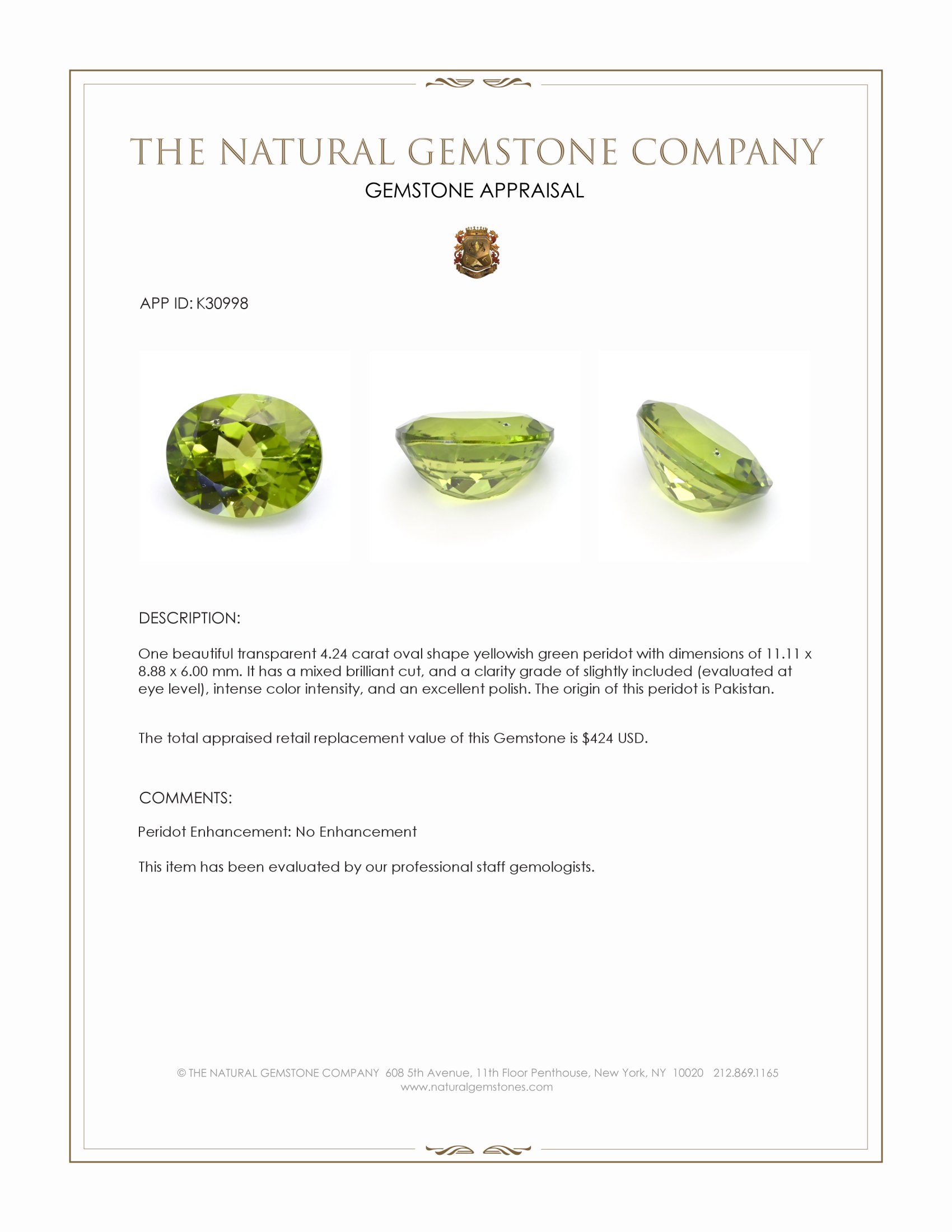 4.24 Ct. Yellowish Green Peridot from Pakistan