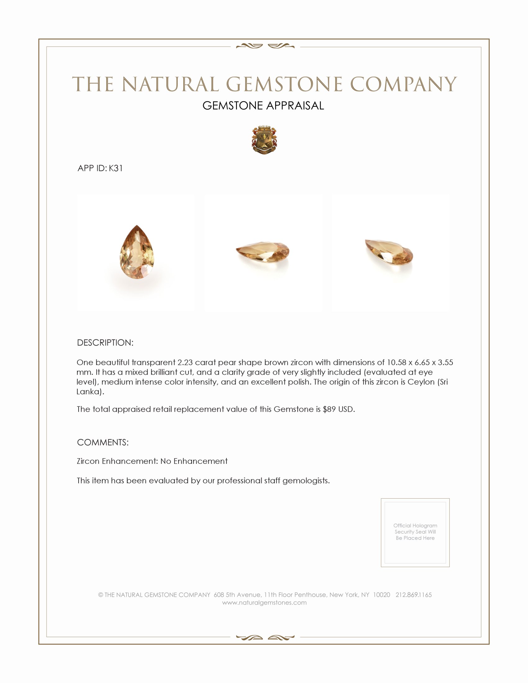 2.23 Ct. Orangish Brown Zircon from Ceylon (Sri Lanka)
