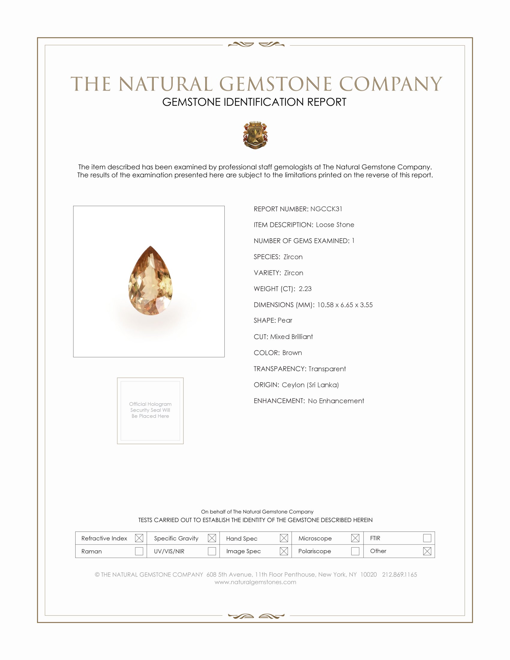 2.23 Ct. Orangish Brown Zircon from Ceylon (Sri Lanka)