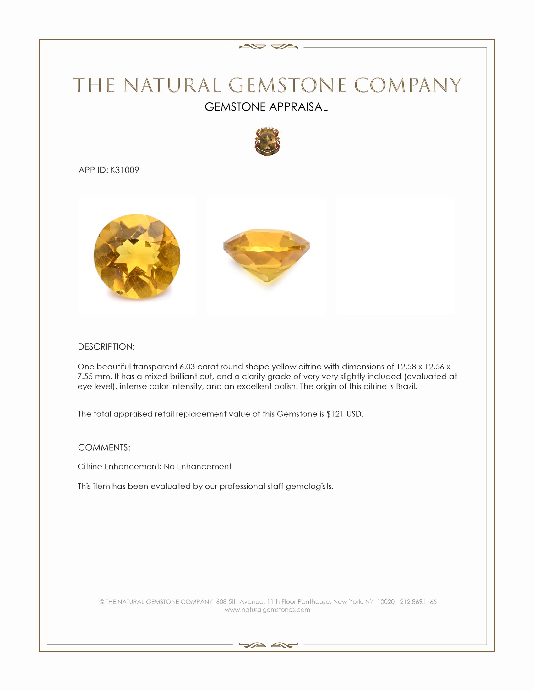 6.03 Ct. Yellow Citrine from Brazil