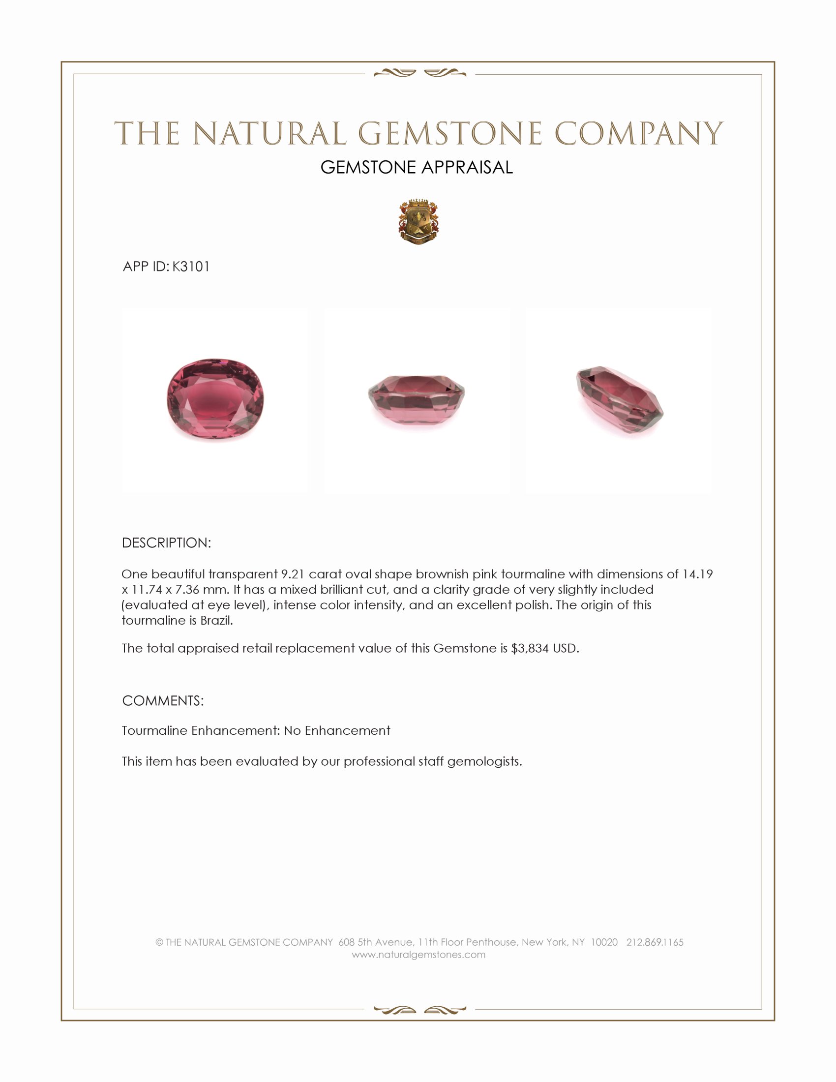 9.21 Ct. Brownish Pink Tourmaline from Brazil