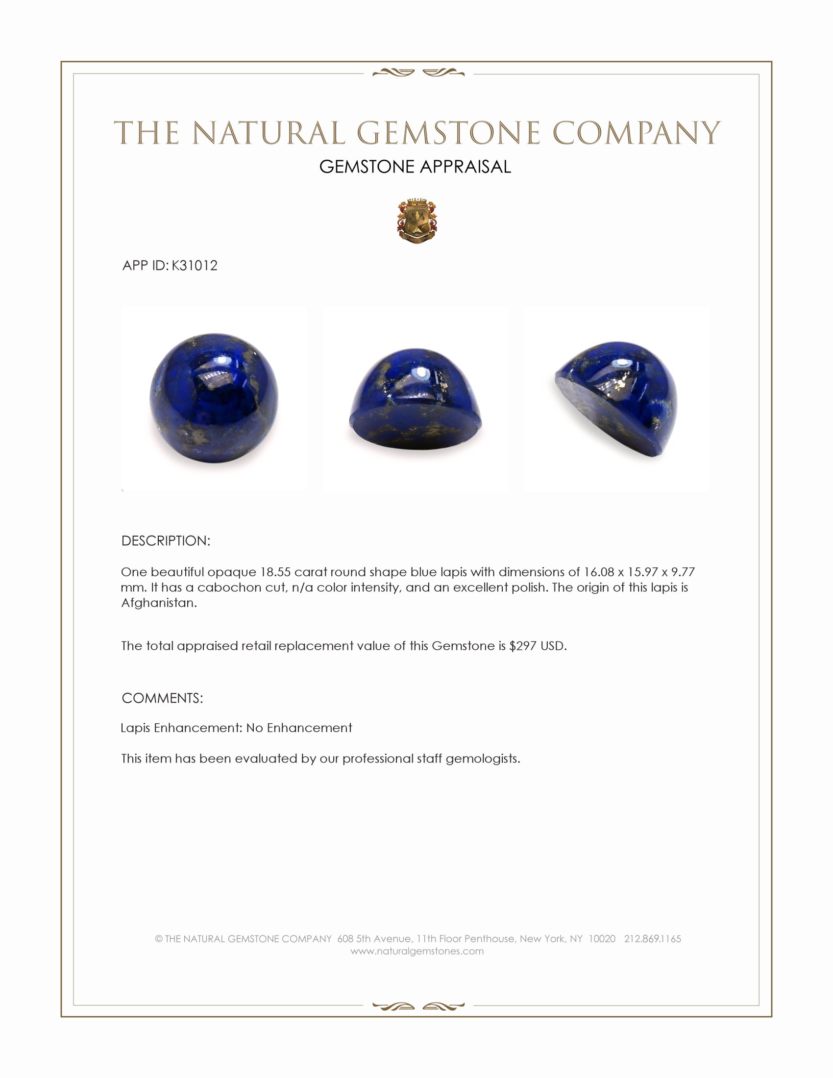 18.55 Ct. Cabochon Lapis from Afghanistan