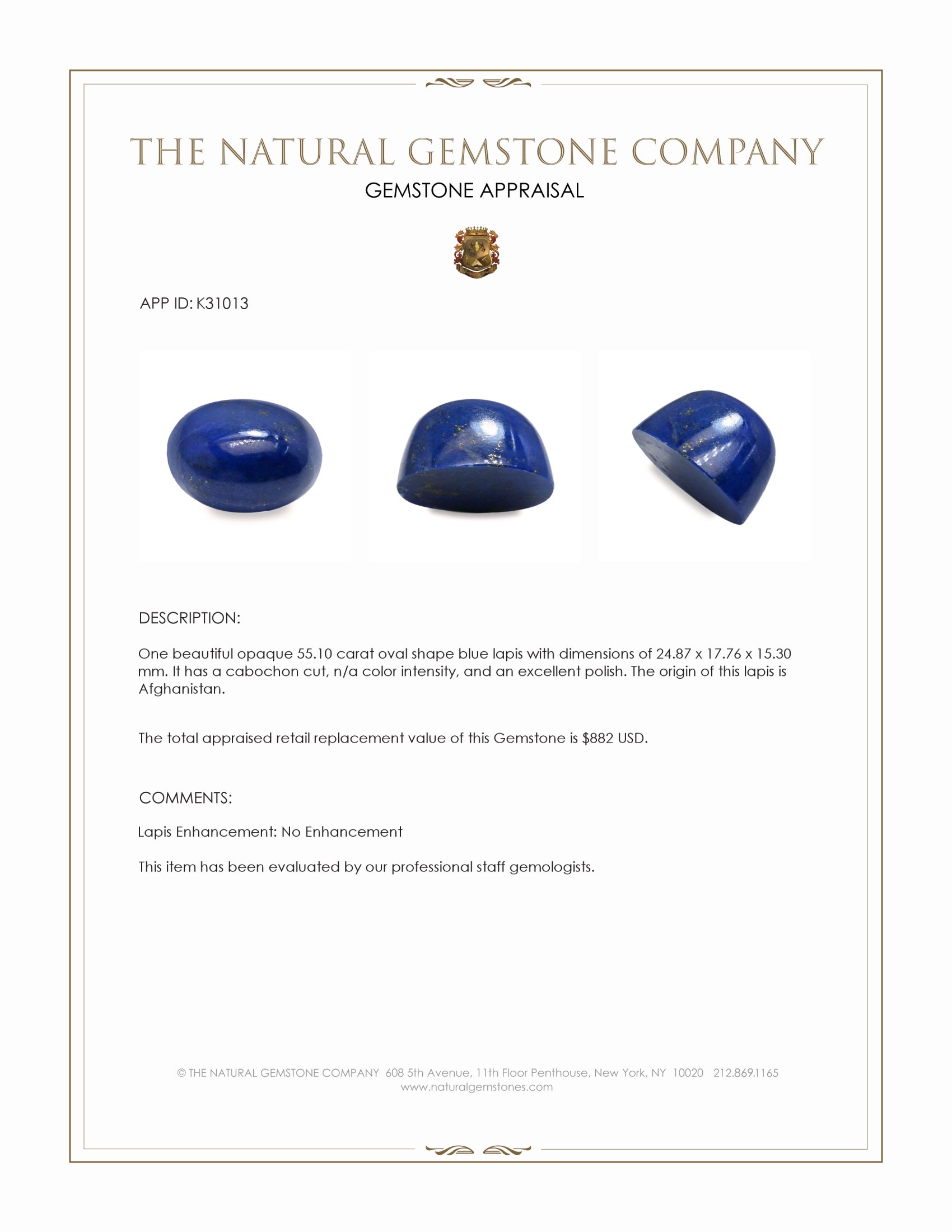 55.10 Ct. Cabochon Lapis from Afghanistan