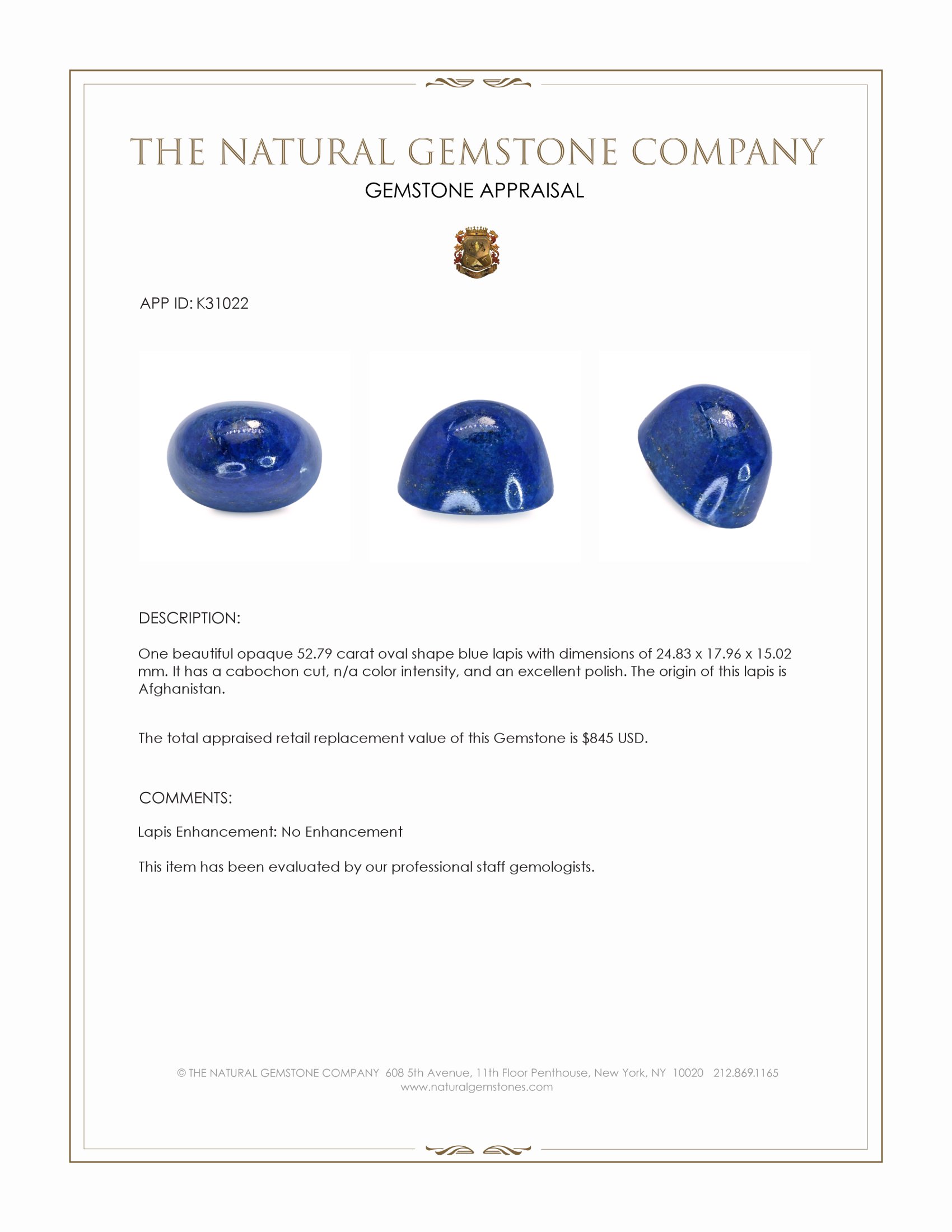 52.79 Ct. Cabochon Lapis from Afghanistan
