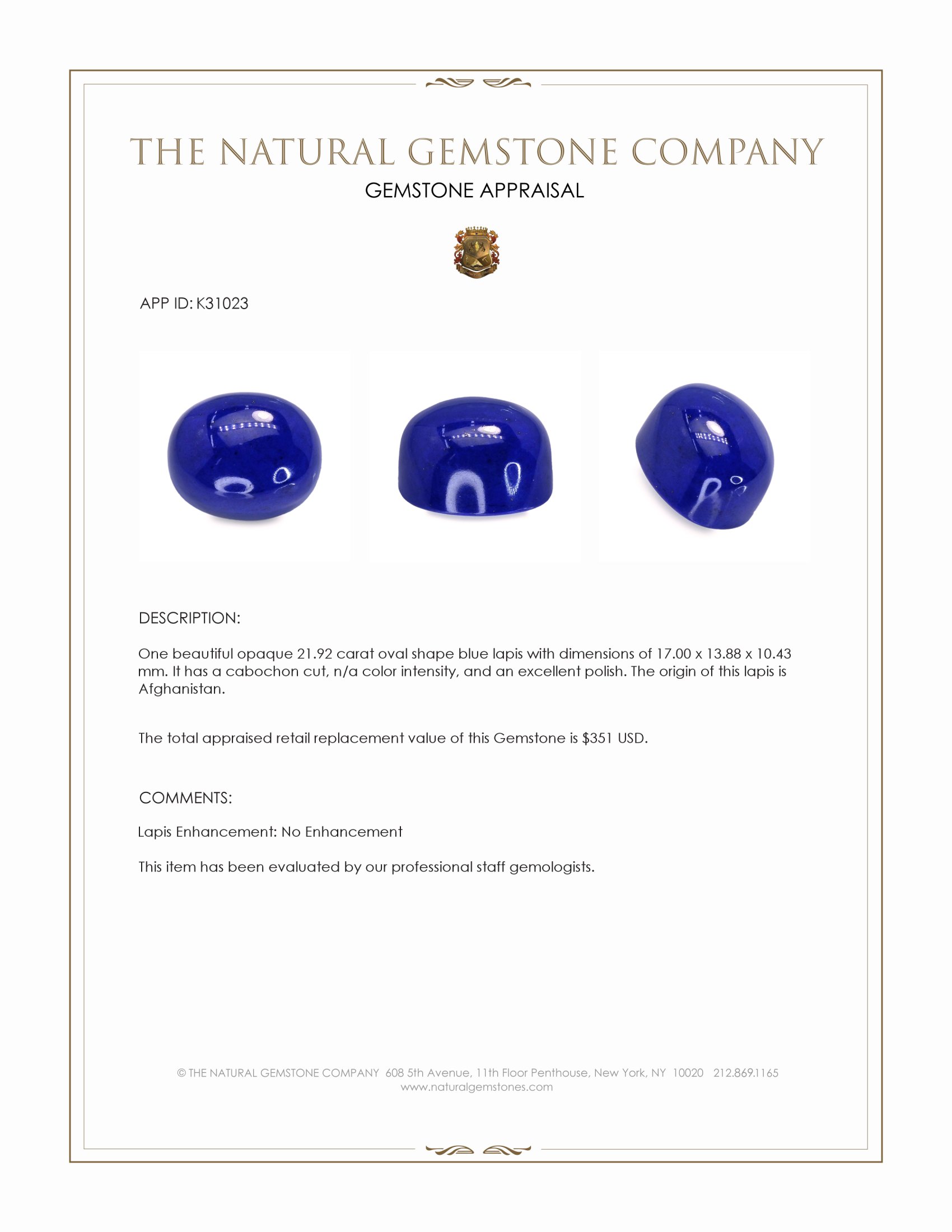 21.92 Ct. Cabochon Lapis from Afghanistan