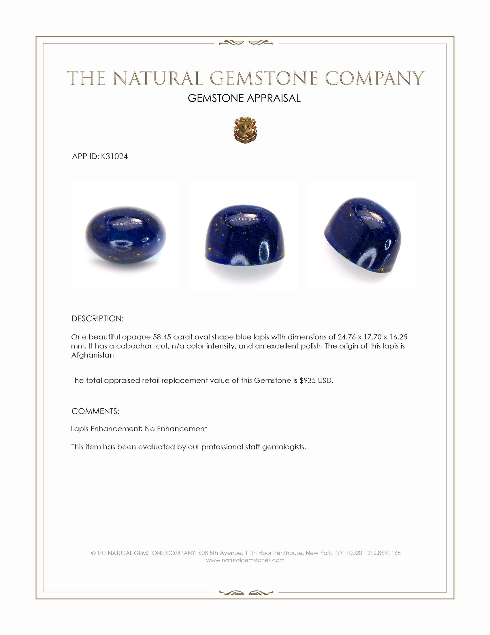 58.45 Ct. Cabochon Lapis from Afghanistan