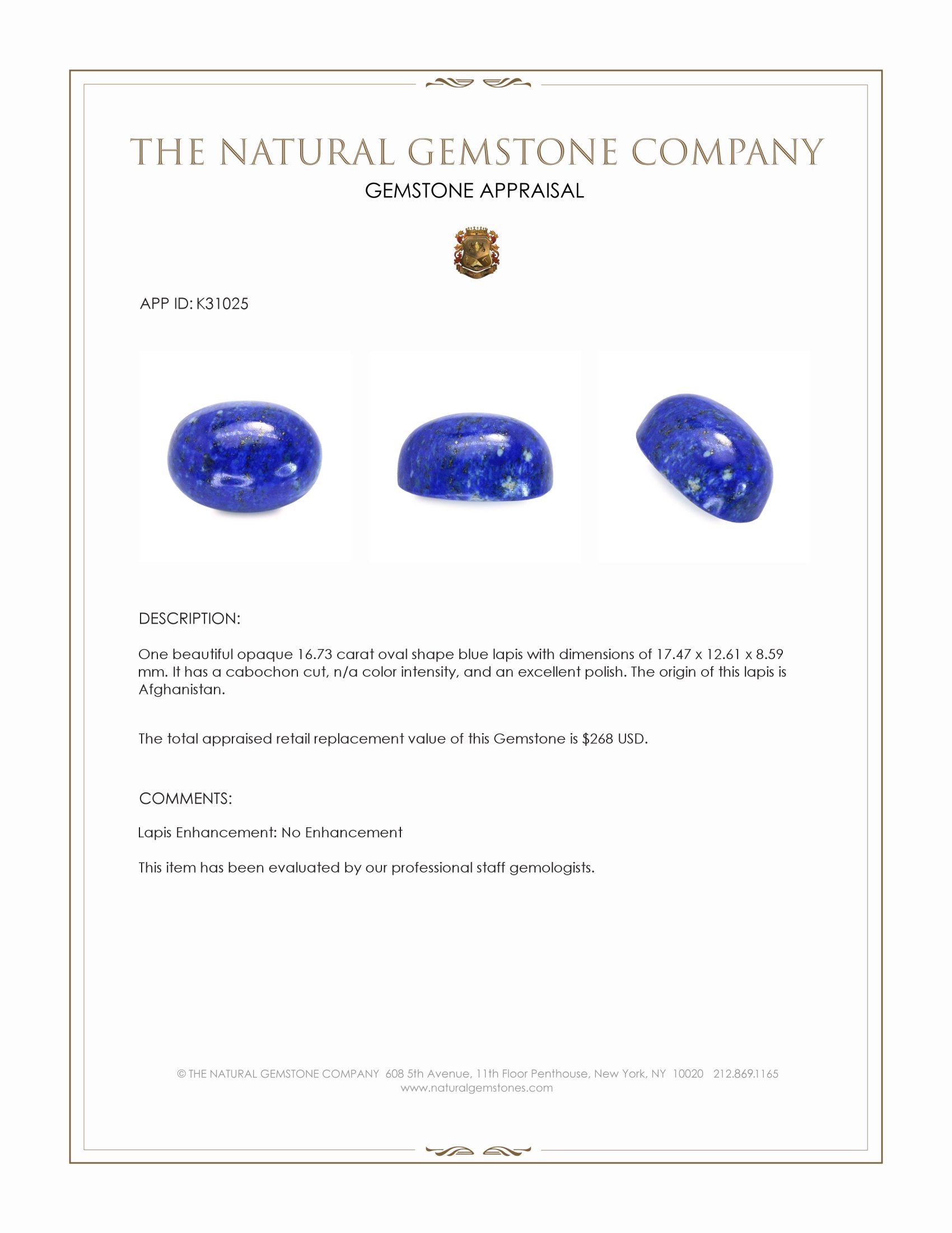 16.73 Ct. Cabochon Lapis from Afghanistan