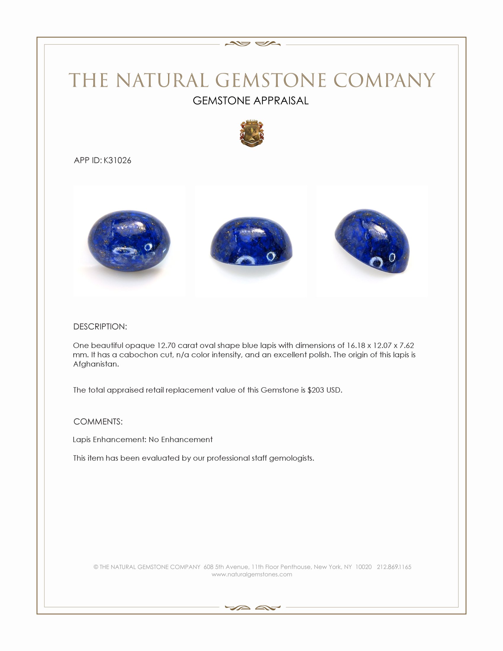 12.70 Ct. Cabochon Lapis from Afghanistan