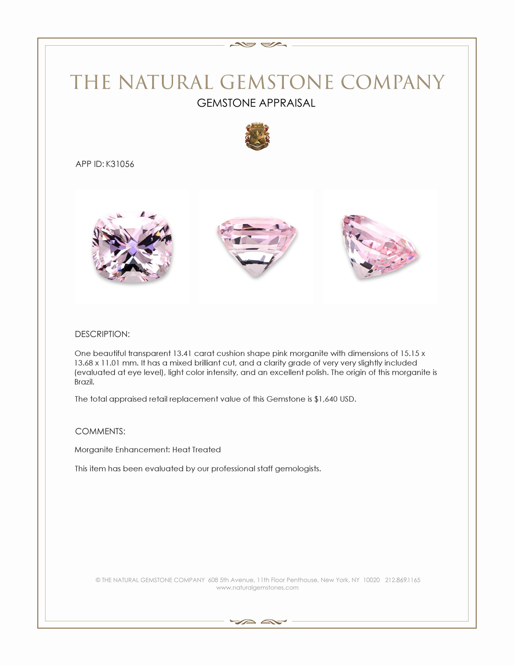 13.41 Ct. Pink Morganite from Brazil