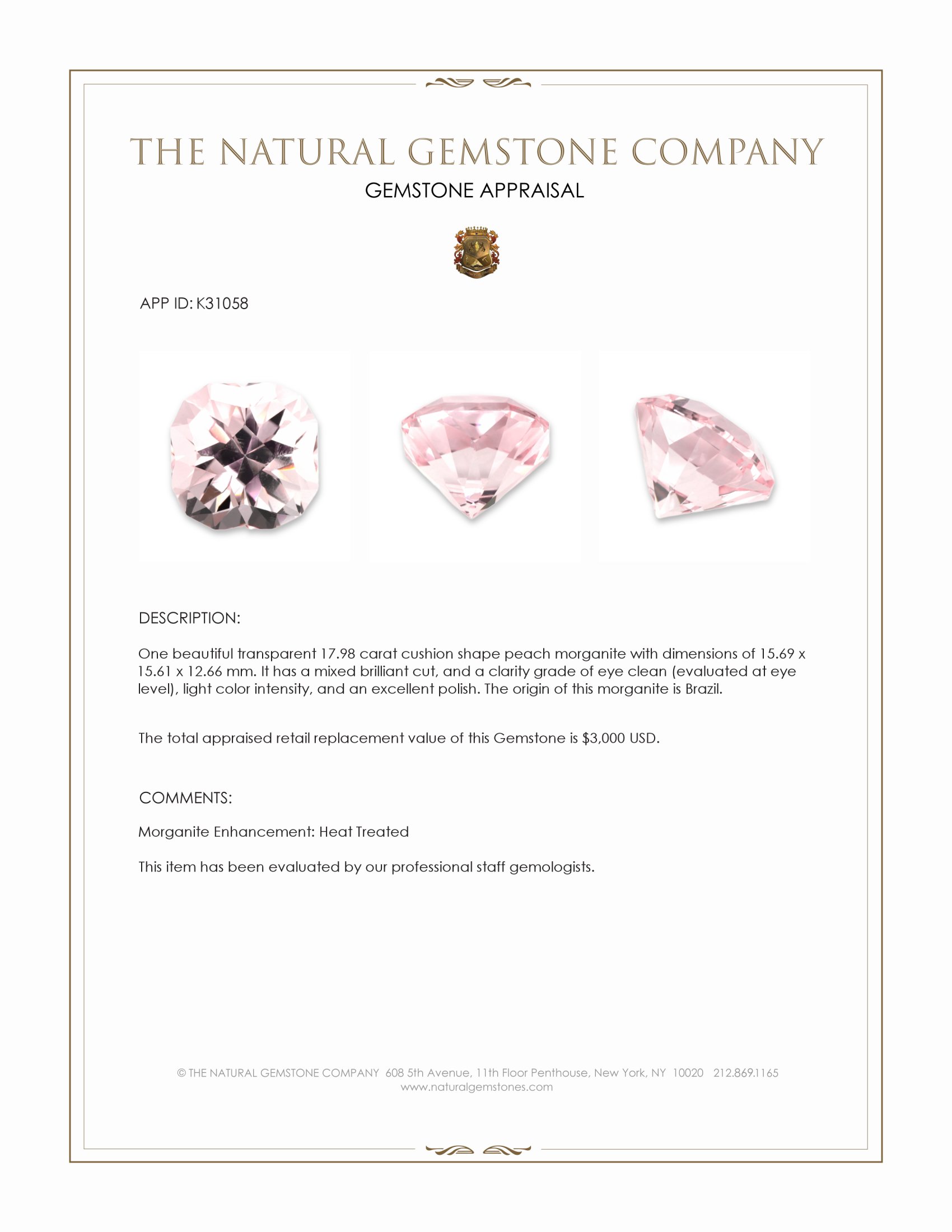 17.98 Ct. Peach Morganite from Brazil