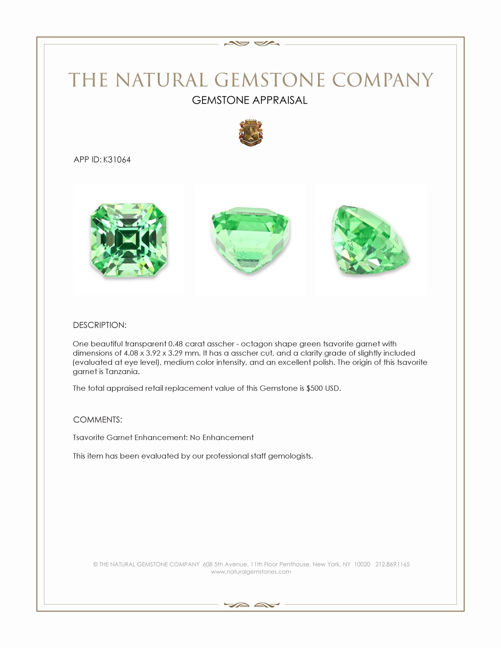 0.48 Ct. Tsavorite Garnet from Tanzania