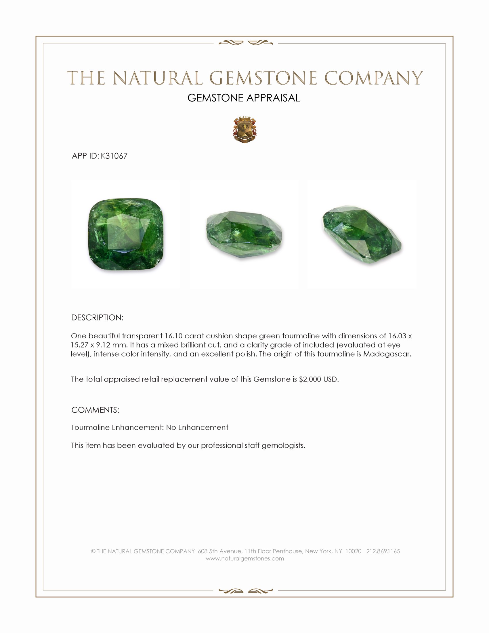 16.10 Ct. Green Tourmaline from Madagascar