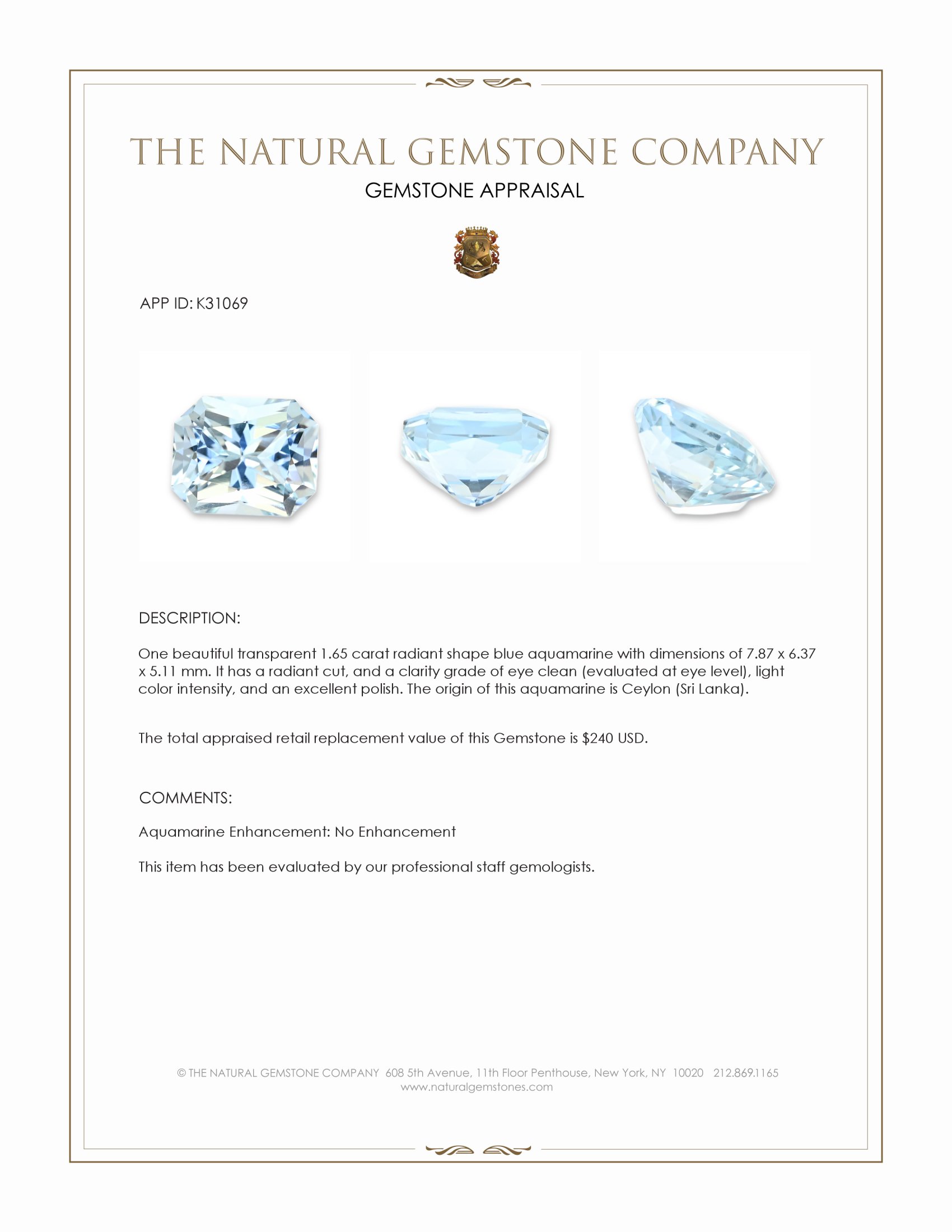 1.65 Ct. Blue Aquamarine from Ceylon (Sri Lanka)