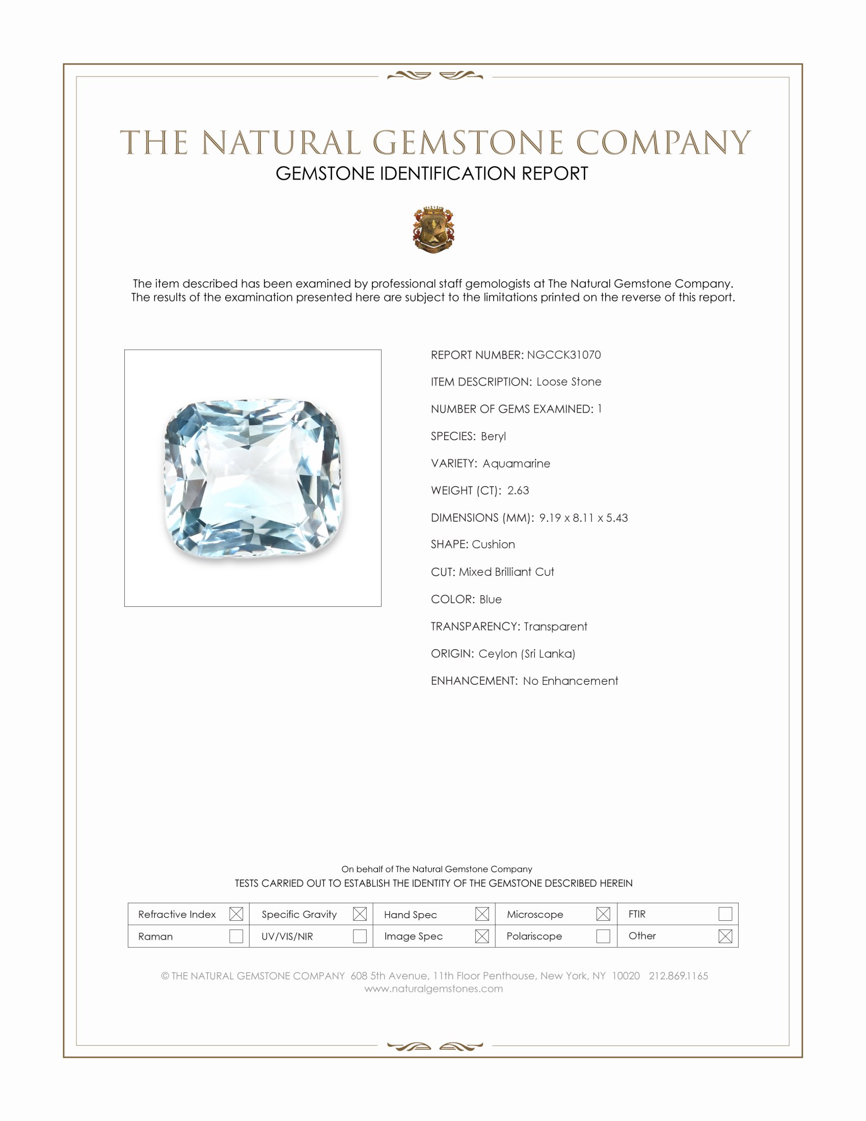 2.63 Ct. Blue Aquamarine from Ceylon (Sri Lanka)