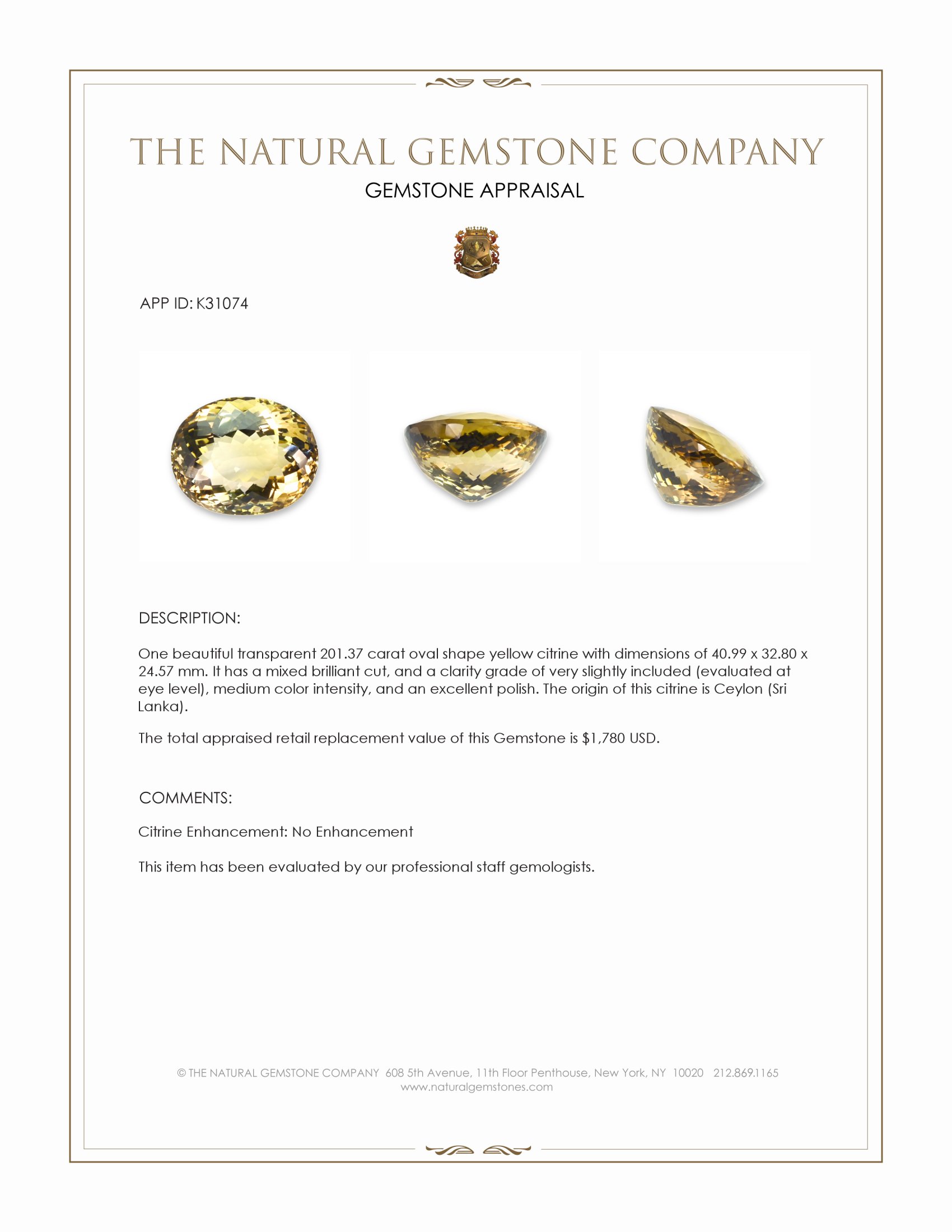 201.37 Ct. Yellow Citrine from Ceylon (Sri Lanka)