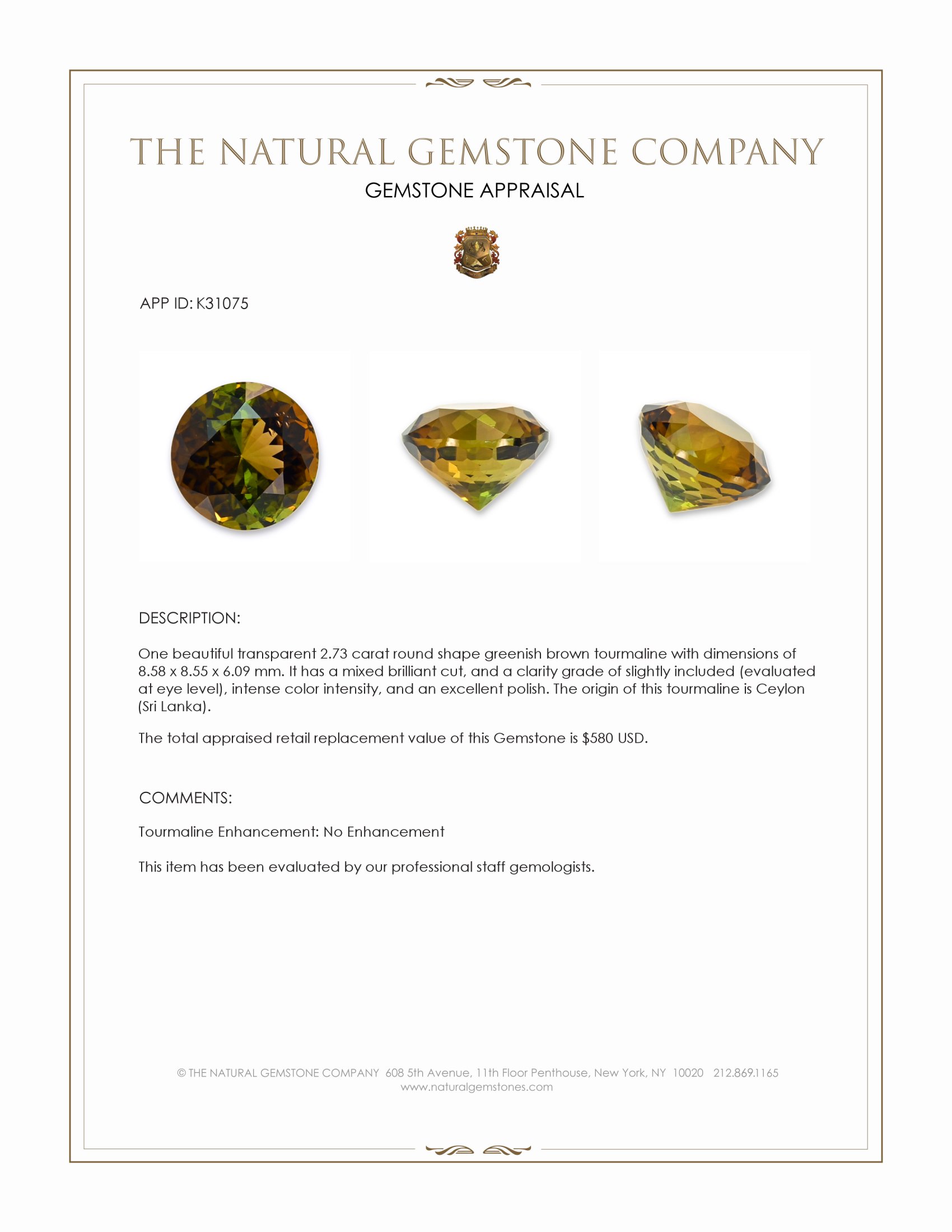 2.73 Ct. Greenish Brown Tourmaline from Ceylon (Sri Lanka)