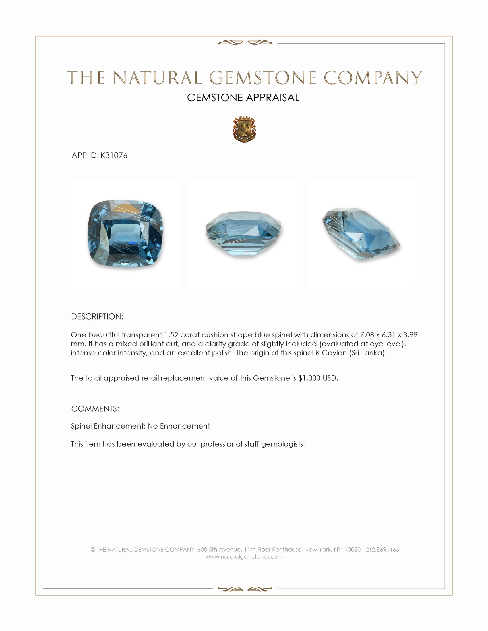 1.52 Ct. Blue Spinel from Ceylon (Sri Lanka)