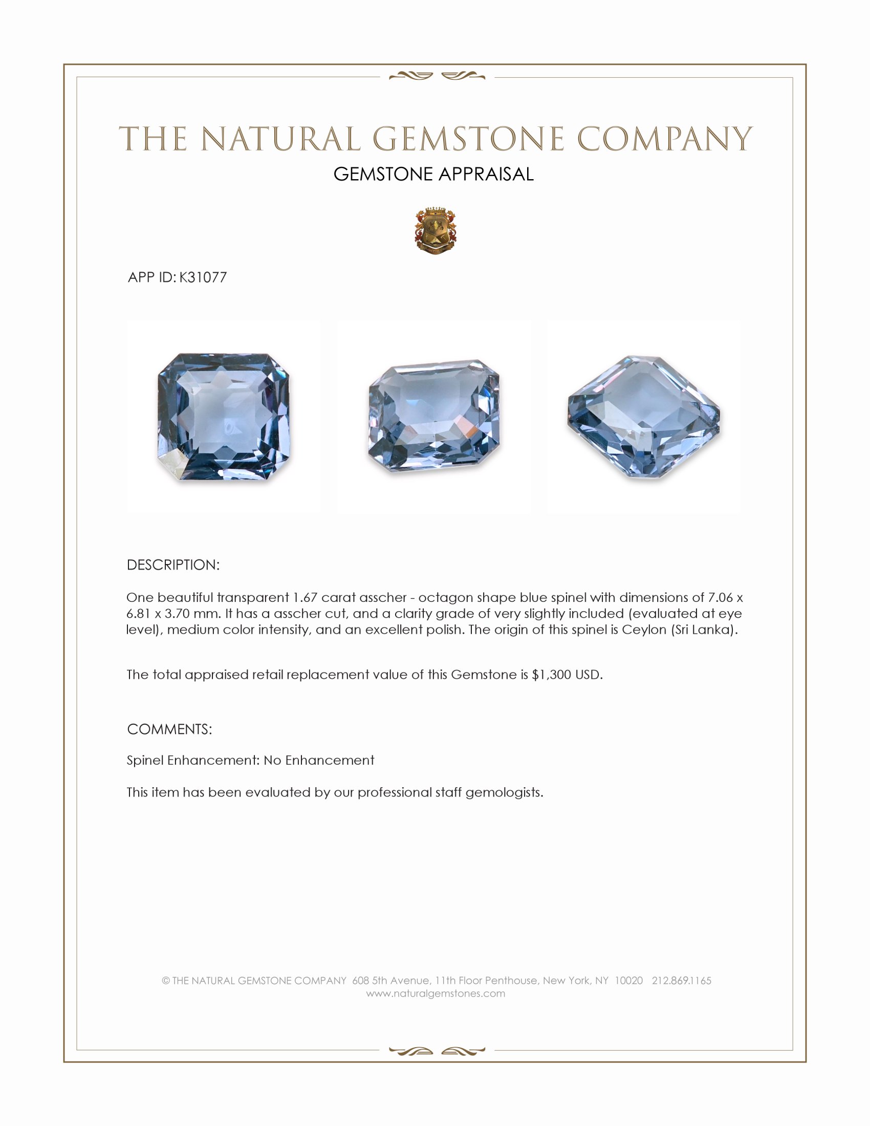 1.67 Ct. Blue Spinel from Ceylon (Sri Lanka)