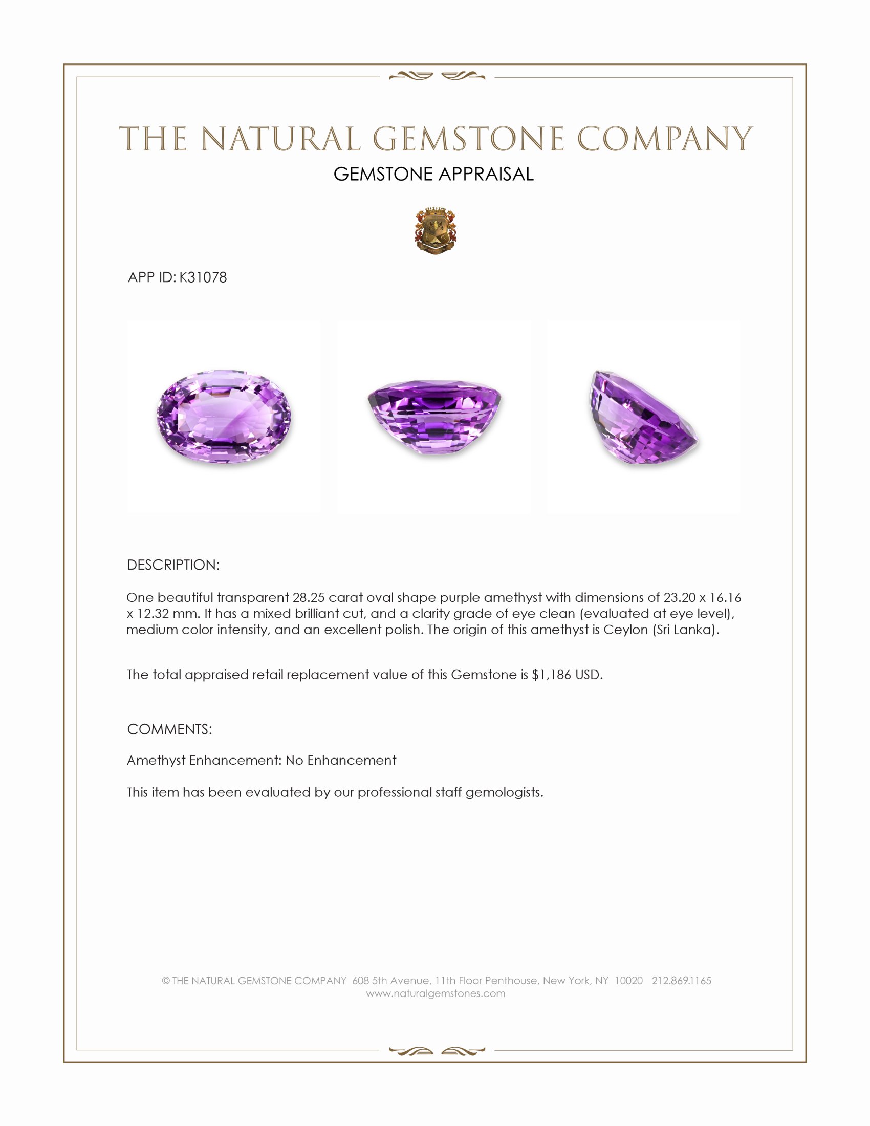 28.25 Ct. Purple Amethyst from Ceylon (Sri Lanka)