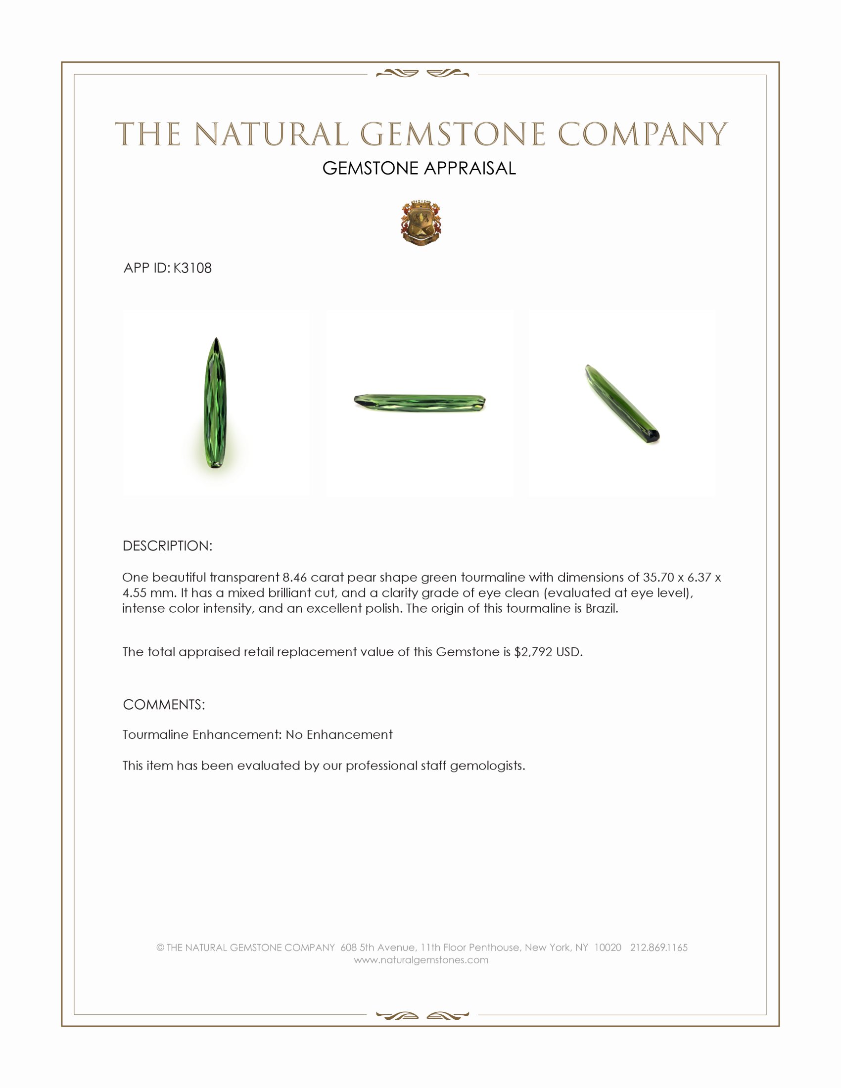 8.46 Ct. Green Tourmaline from Brazil