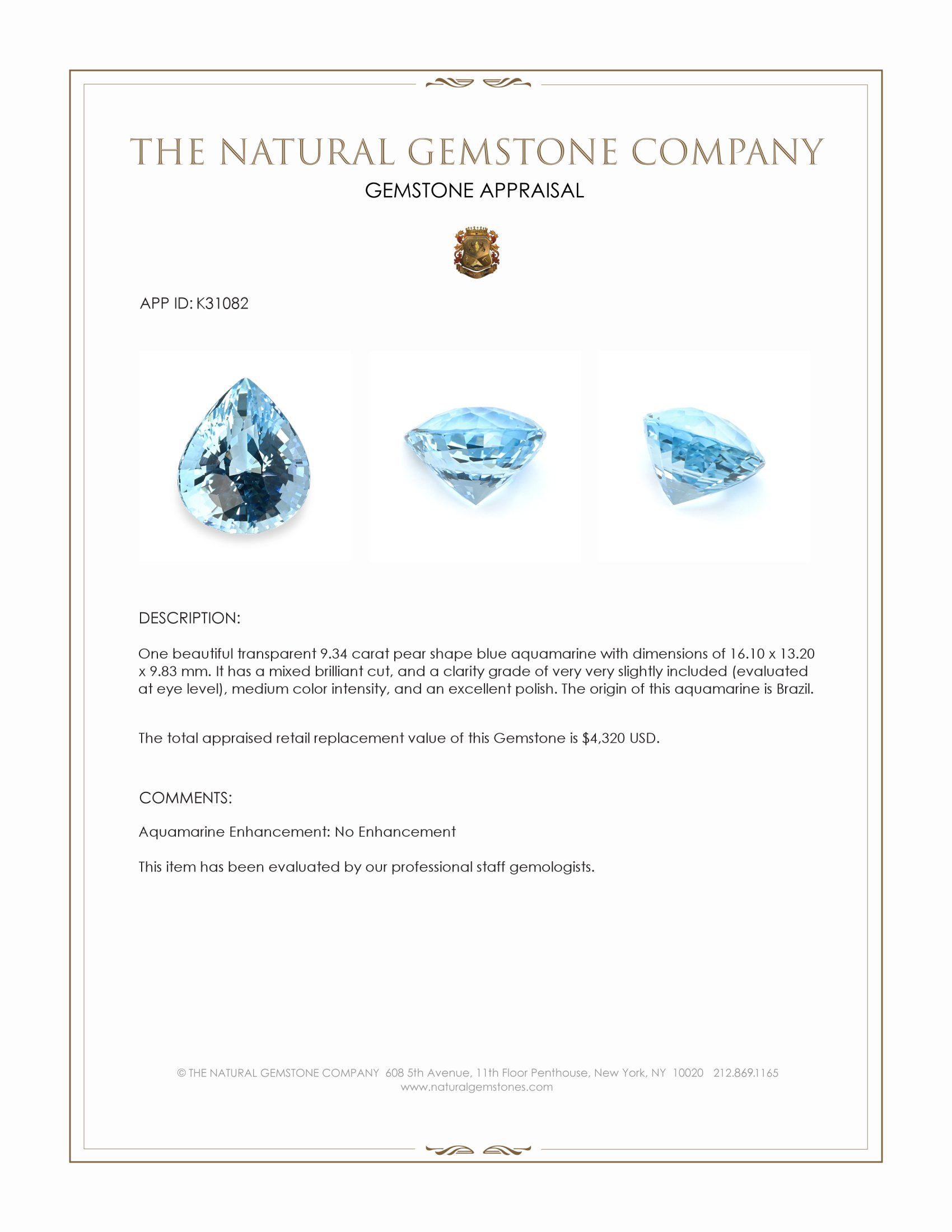 9.34 Ct. Blue Aquamarine from Brazil