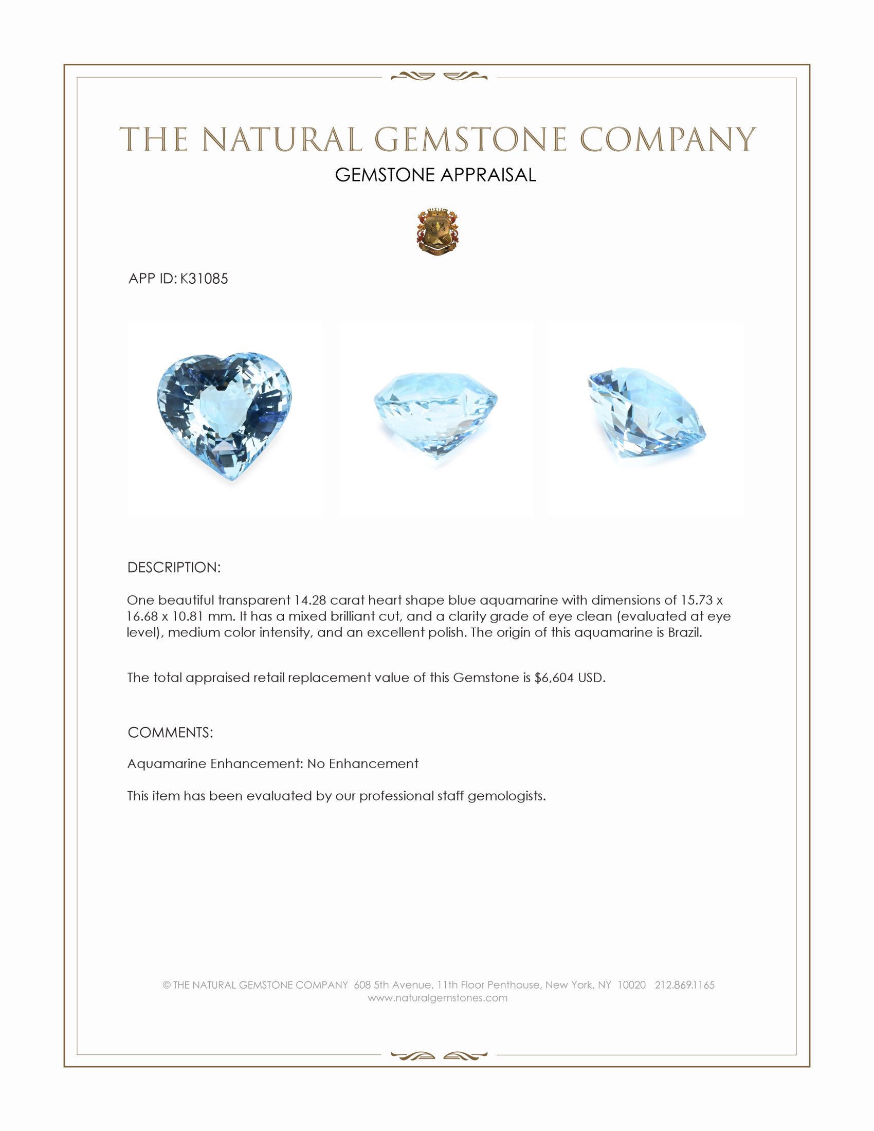 14.28 Ct. Blue Aquamarine from Brazil