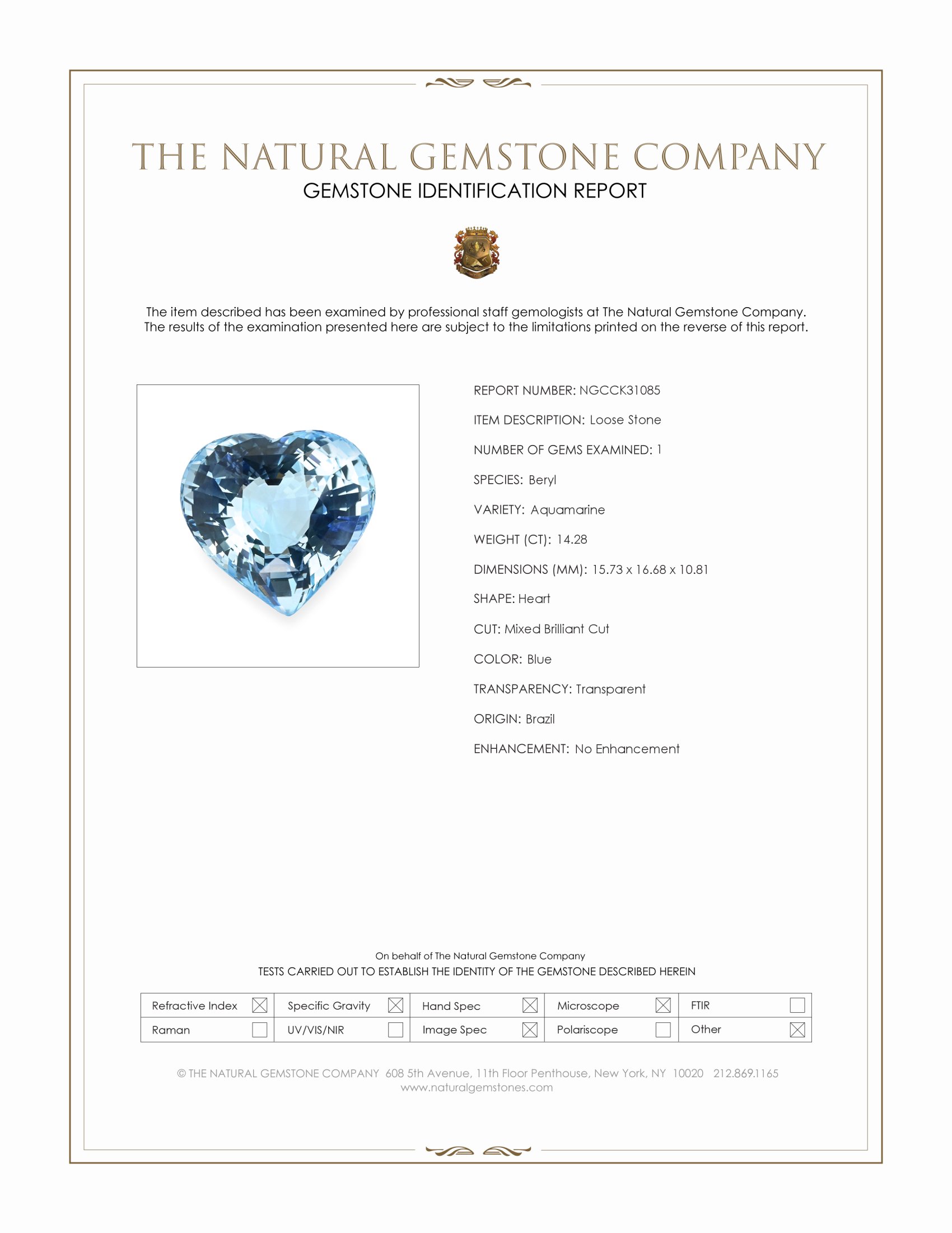 14.28 Ct. Blue Aquamarine from Brazil