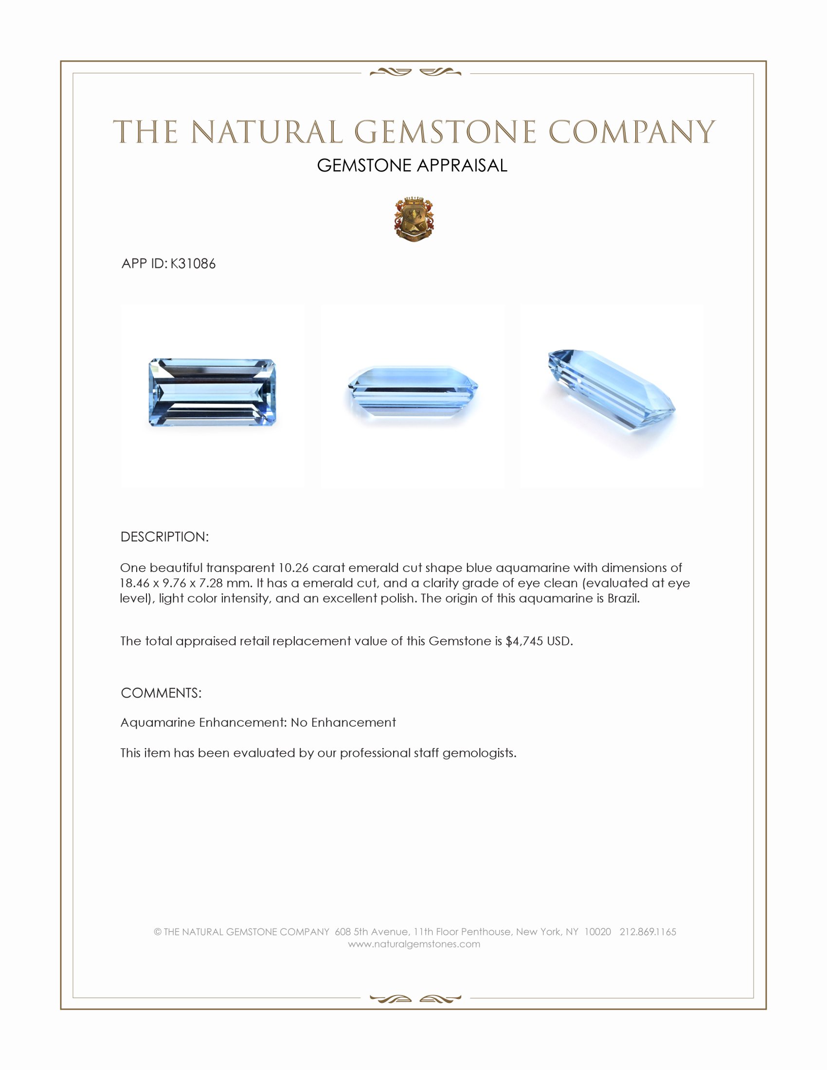 10.26 Ct. Blue Aquamarine from Brazil