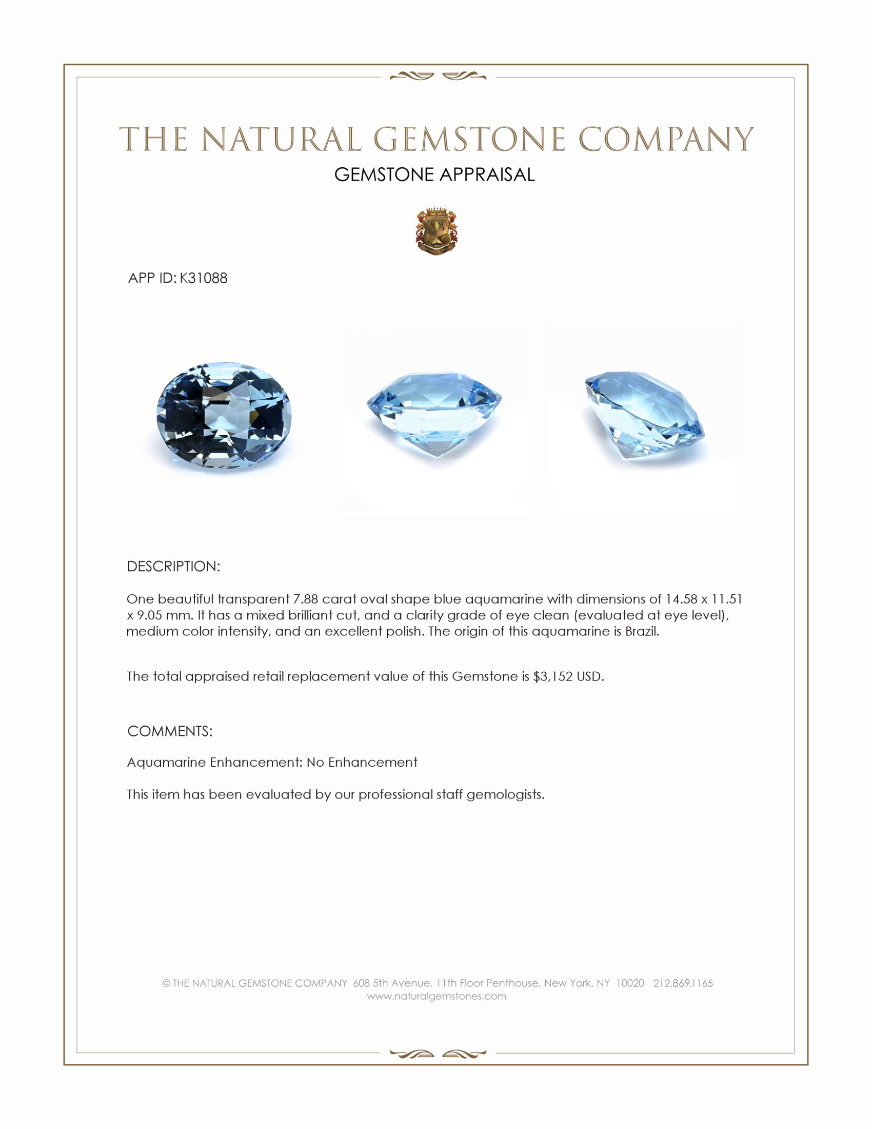 7.88 Ct. Blue Aquamarine from Brazil