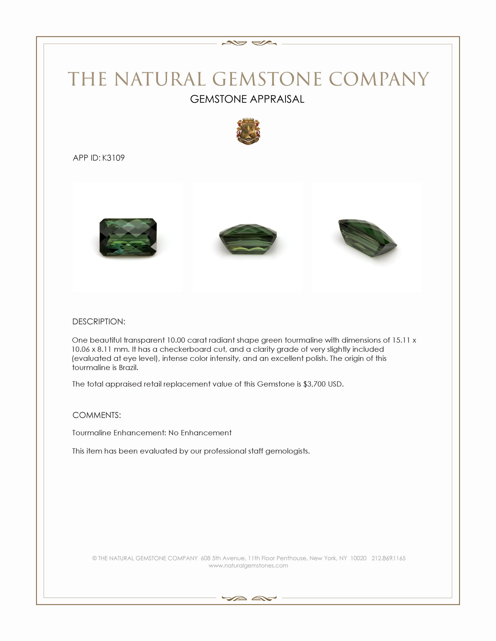 10.00 Ct. Green Tourmaline from Brazil