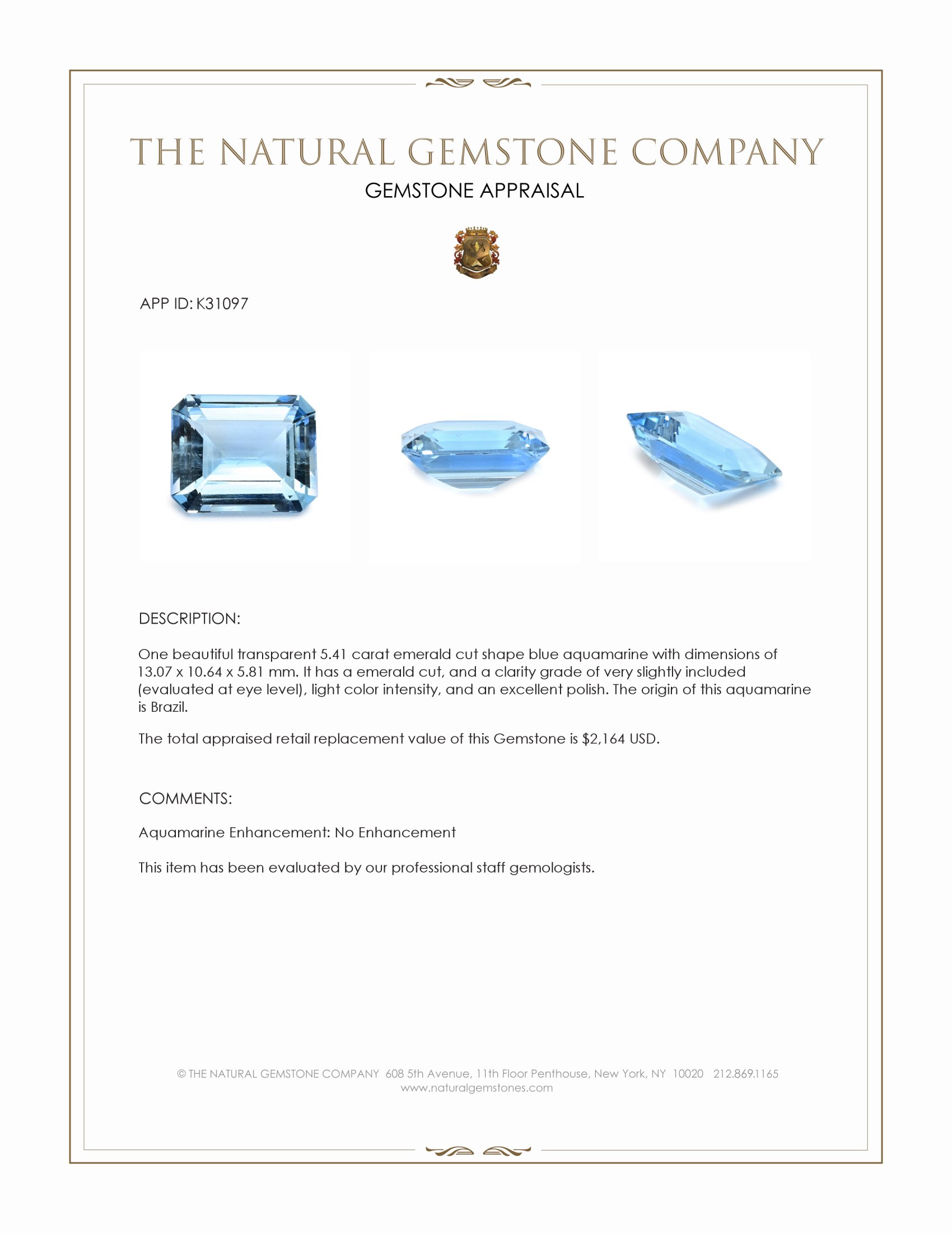 5.41 Ct. Blue Aquamarine from Brazil
