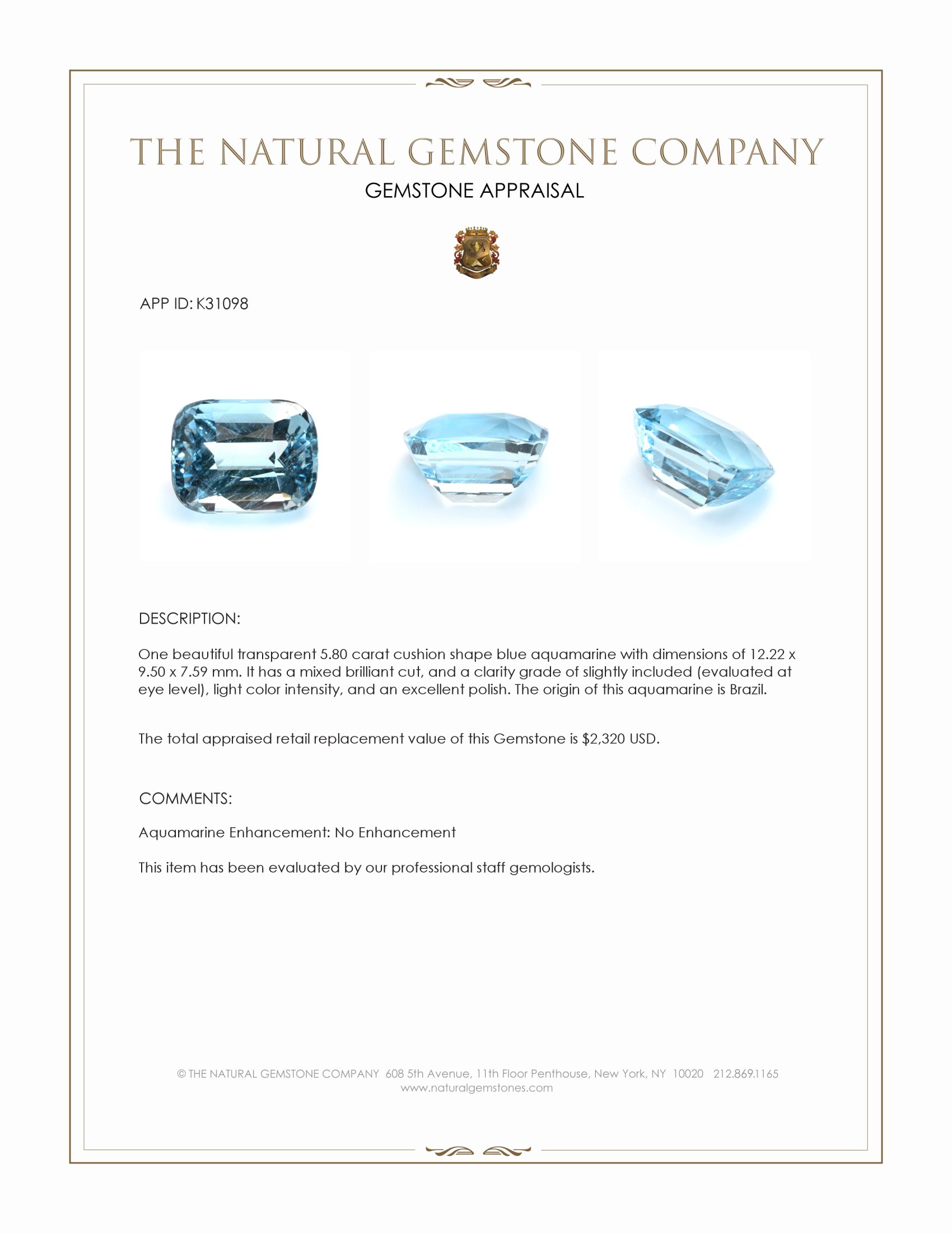 5.80 Ct. Blue Aquamarine from Brazil