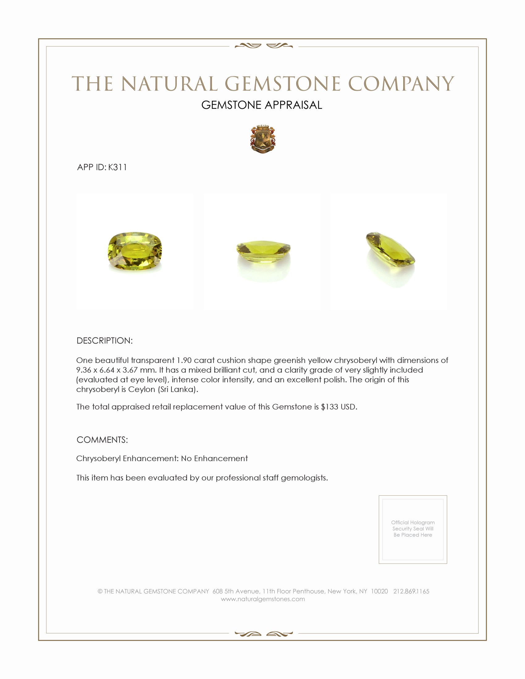 1.90 Ct. Greenish Yellow Chrysoberyl from Ceylon (Sri Lanka)