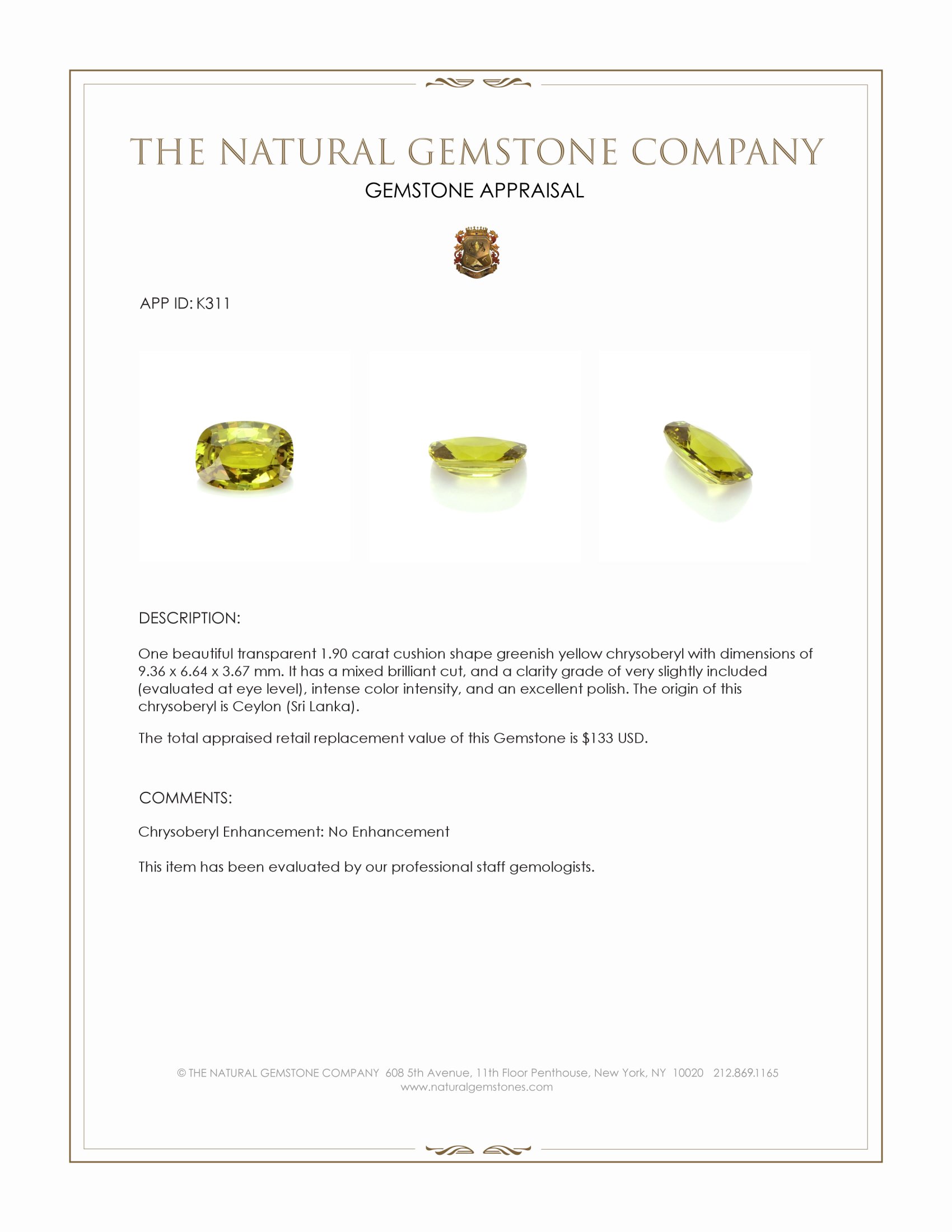 1.90 Ct. Chrysoberyl from Ceylon (Sri Lanka)