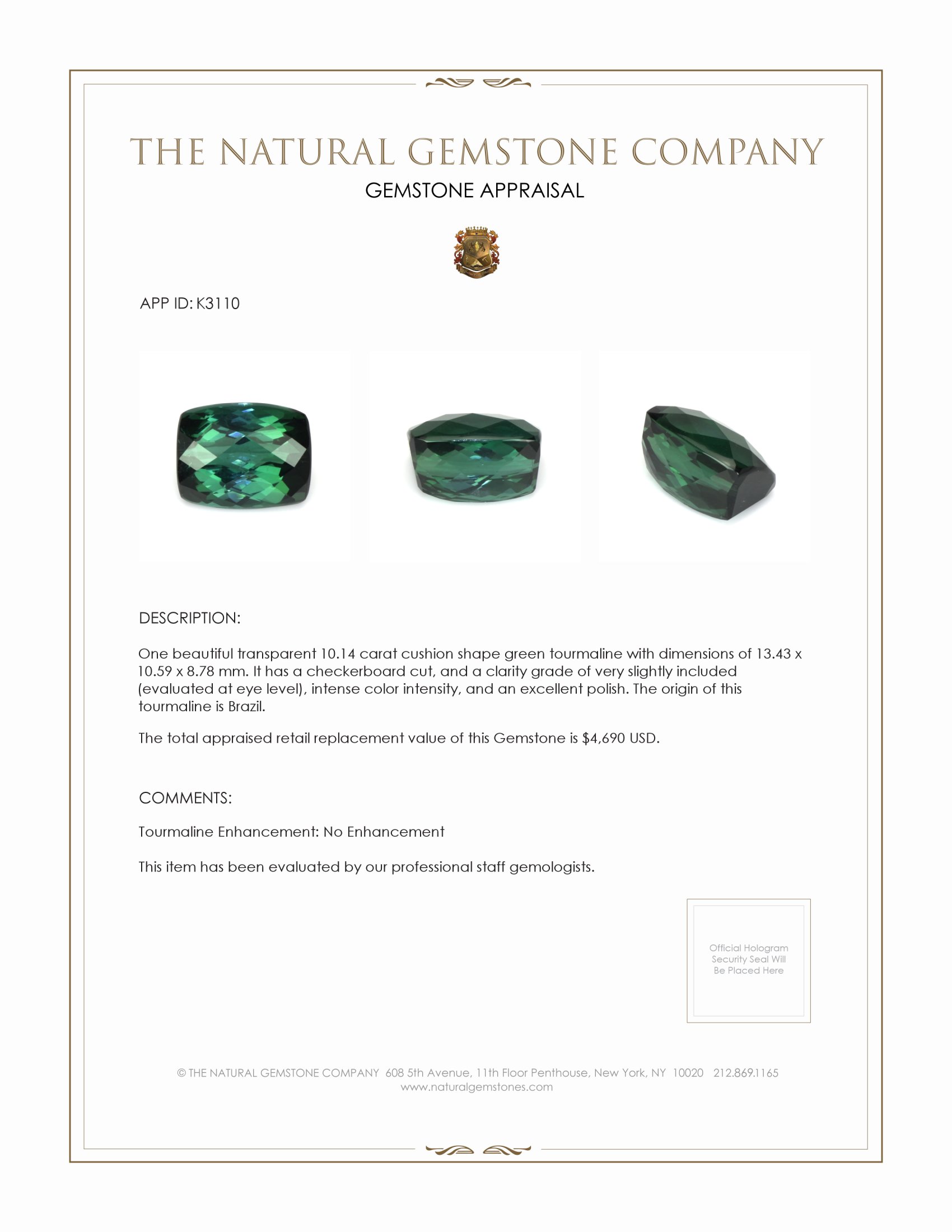 10.14 Ct. Green Tourmaline from Brazil