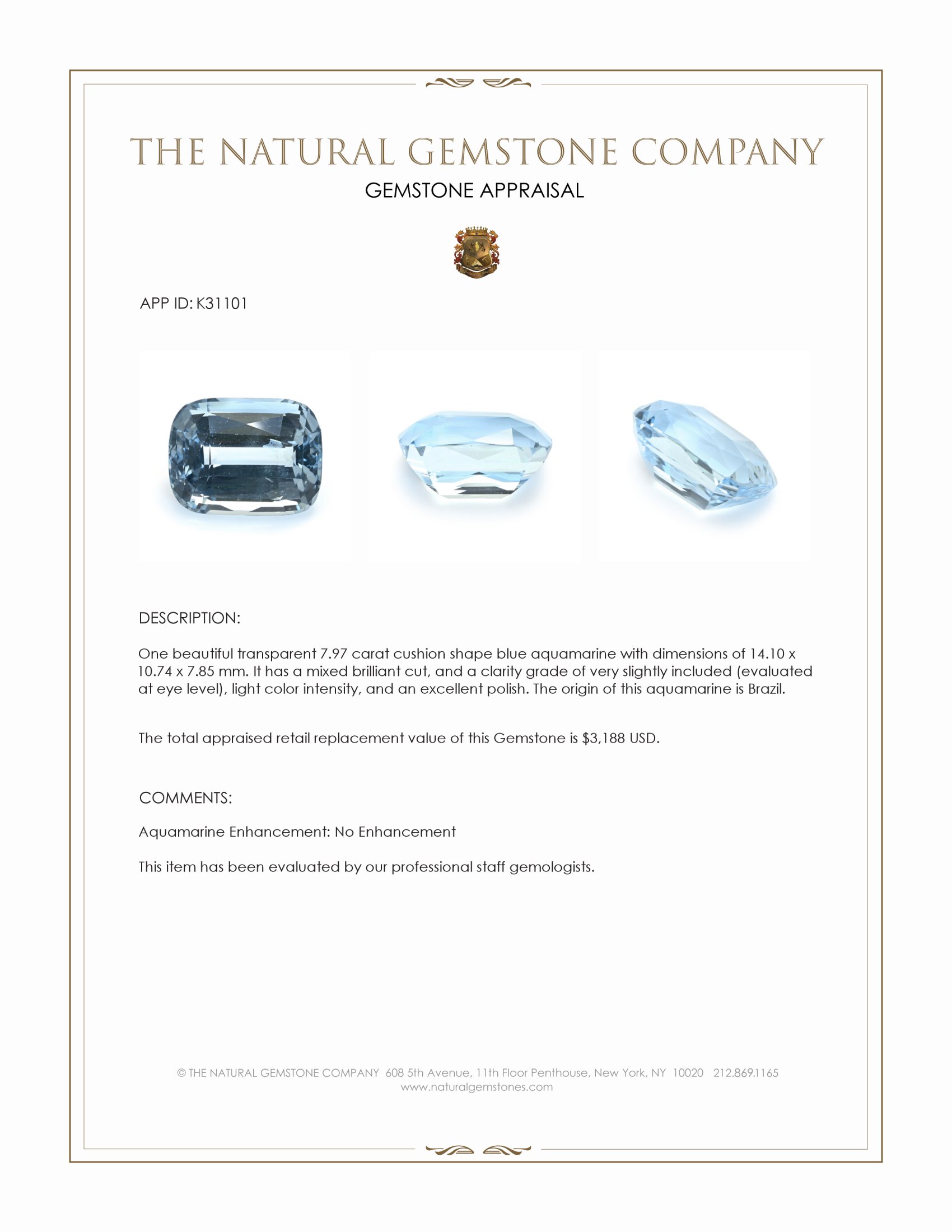 7.97 Ct. Blue Aquamarine from Brazil