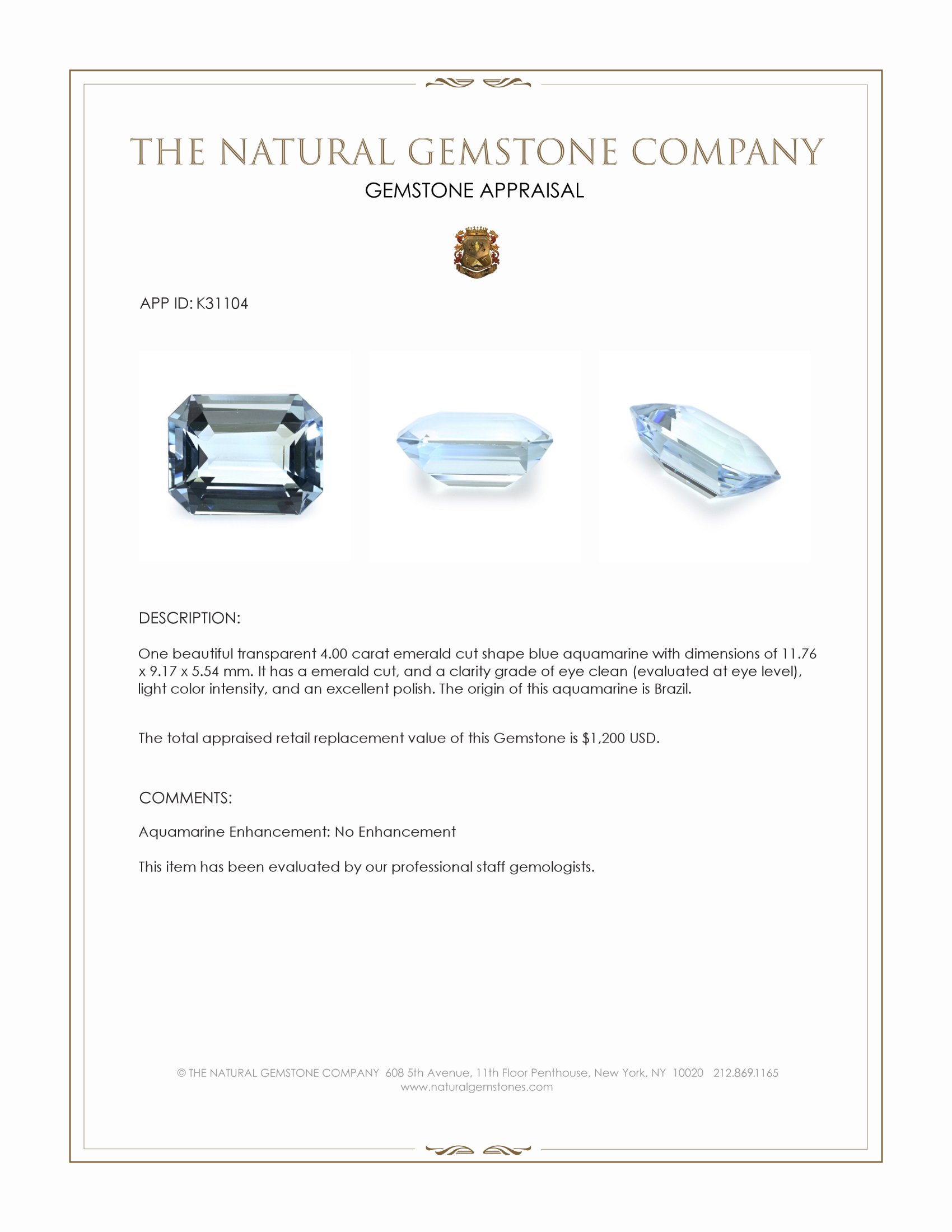 4.00 Ct. Blue Aquamarine from Brazil
